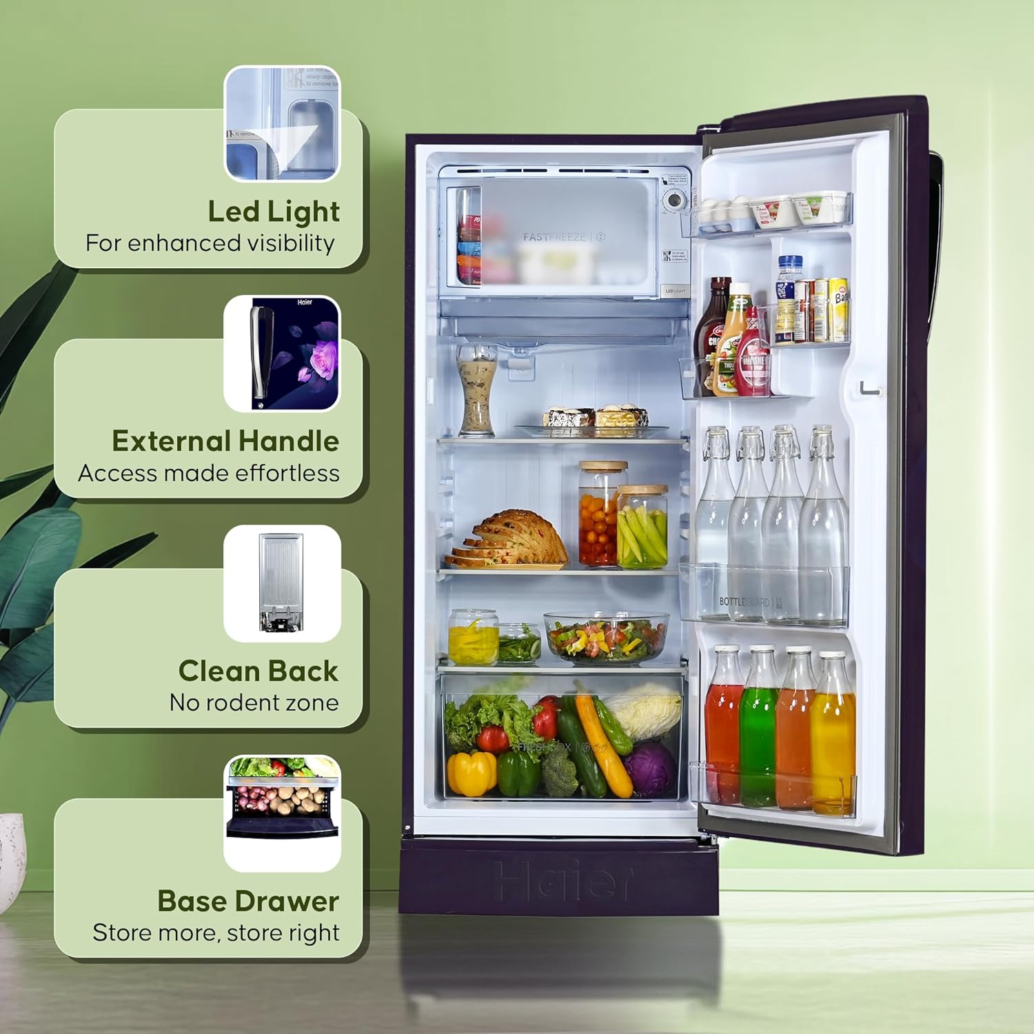 Haier 205 L, 5 Star, Direct-Cool Single Door Refrigerator with Base Stand (HED-215MRB-N, Marine Rose, Base Stand Drawer)