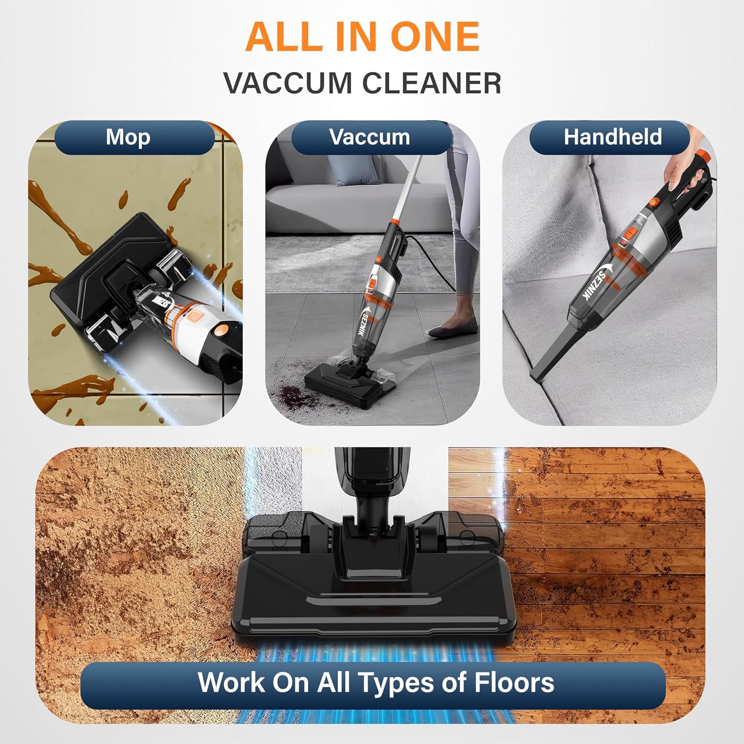 SEZNIK Vacuum Cleaner for Home Use Wet and Dry | Turbo Sweep 3-in-1 Handheld Vacuum Cleaners | Corded, 600W, 20kpa Suction | 200ml Water Tank | Vacuum & Mopping (SZ-V07)