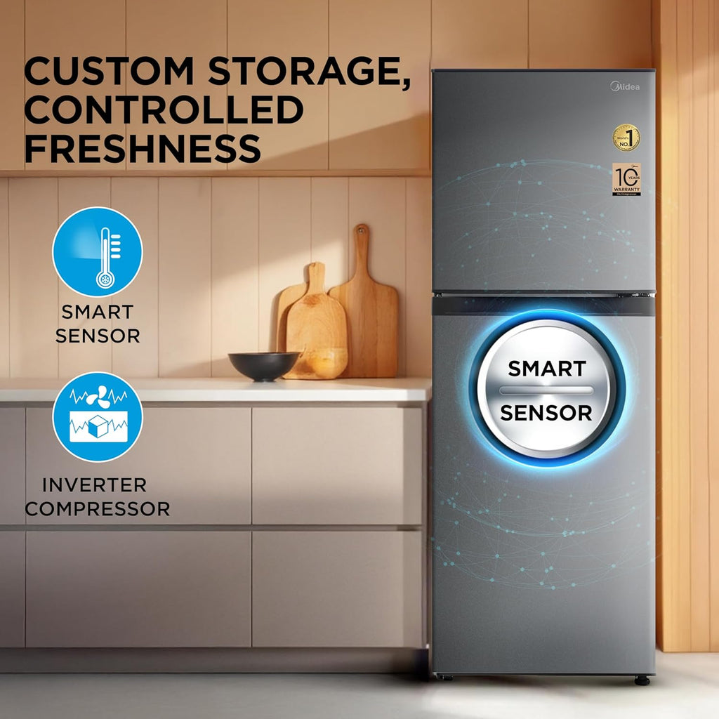 Midea 253 L,2 Star Frost Free Double Door Refrigerator with real Inverter Compressor, Deo Fresh TechnologyEnergy Efficient,Stabilizer Free Operation, Adjustable Shelves (MDRT350FGI50, Crystal Silver)