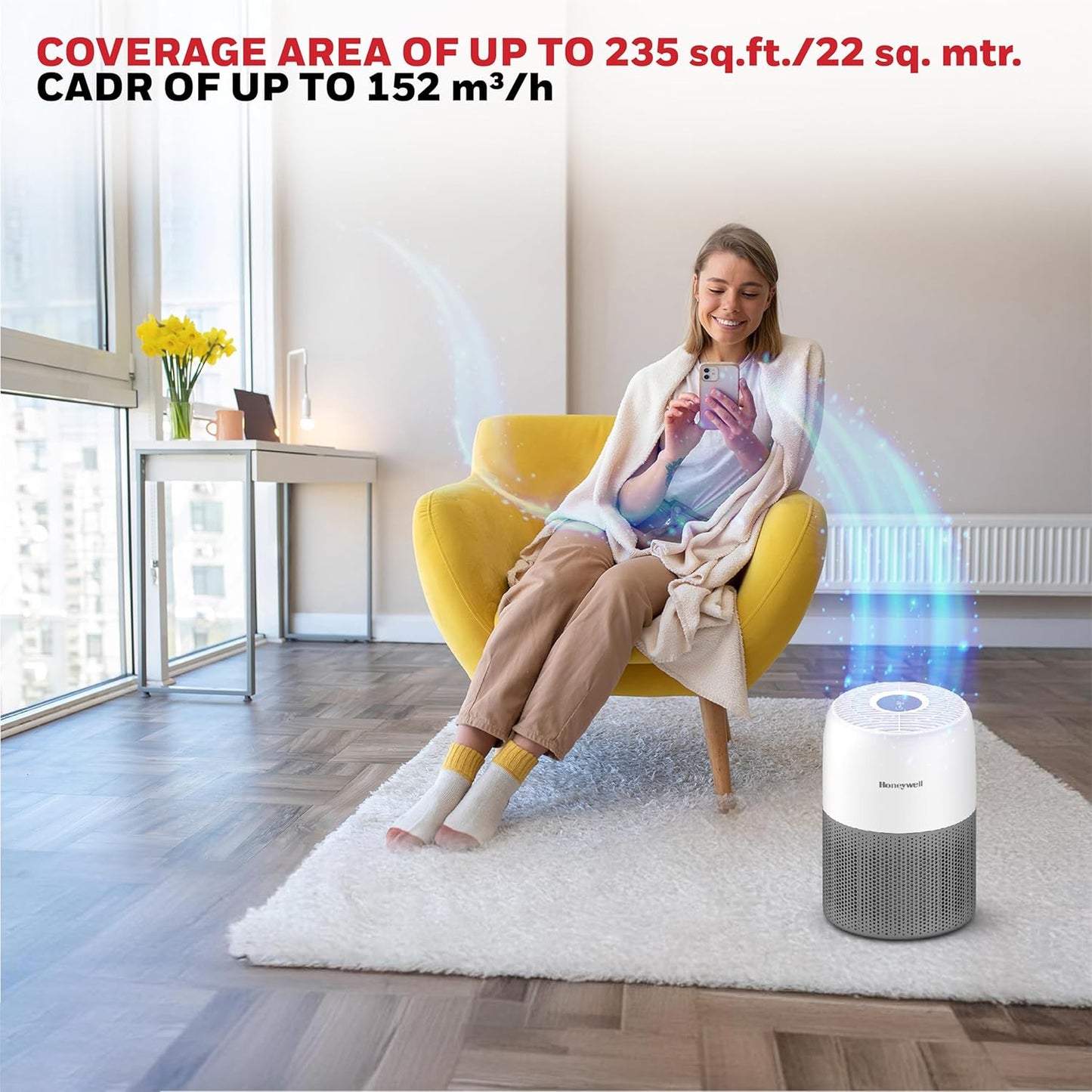 Honeywell Air Purifier for Home & Office, 3-in-1 filter - Pre-Filter, H13, Activated Carbon Filter, Removes 99.99% Pollutants, Allergens, Pet Danger, Smoke, Dust & Pollens - Air touch V1