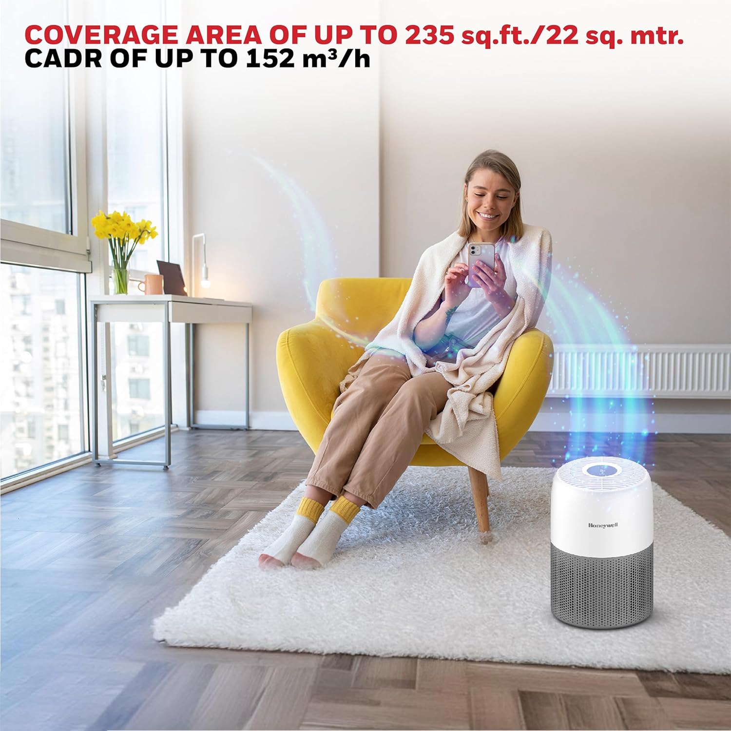 Honeywell Air Purifier for Home & Office, 3-in-1 filter - Pre-Filter, H13, Activated Carbon Filter, Removes 99.99% Pollutants, Allergens, Pet Danger, Smoke, Dust & Pollens - Air touch V1