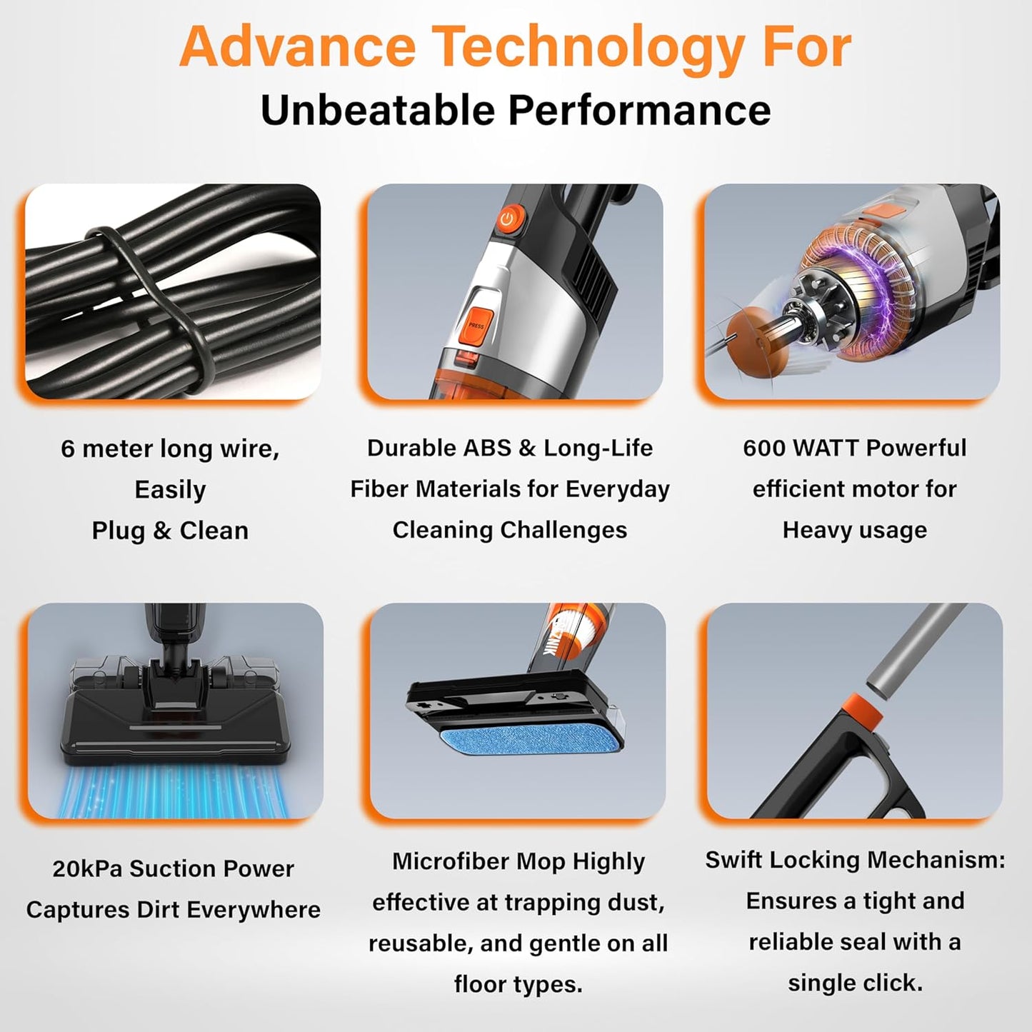 SEZNIK Vacuum Cleaner for Home Use Wet and Dry | Turbo Sweep 3-in-1 Handheld Vacuum Cleaners | Corded, 600W, 20kpa Suction | 200ml Water Tank | Vacuum & Mopping (SZ-V07)