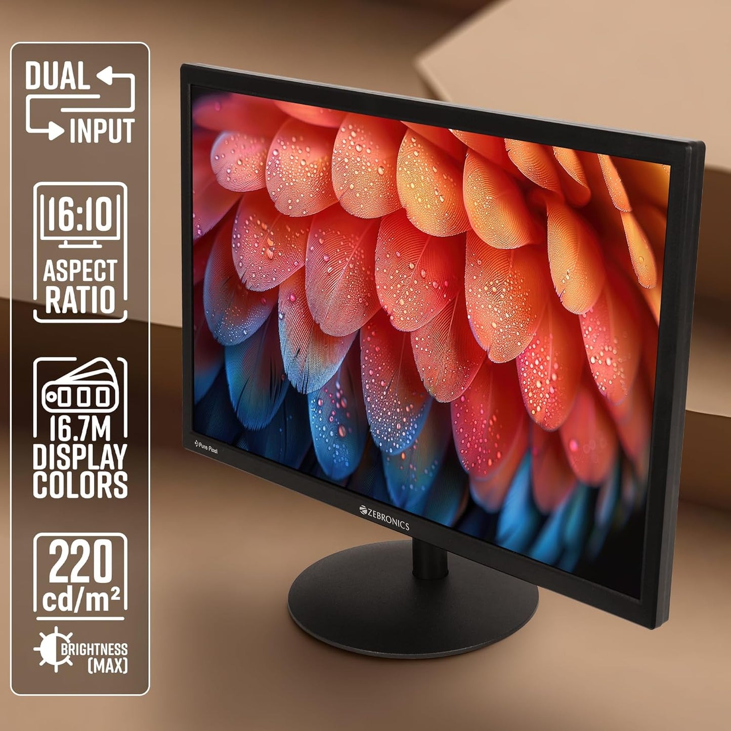 ZEBRONICS V22HD+LED, 22 Inch (55.8cm) LED Monitor, Dual HDMI & VGA Input, HD+1680 x 1050, 220nits Brightness, 5000000:1 Dynamic Contrast Ratio, 16.7M Colors,16:10 Aspect Ratio, Wall Mountable