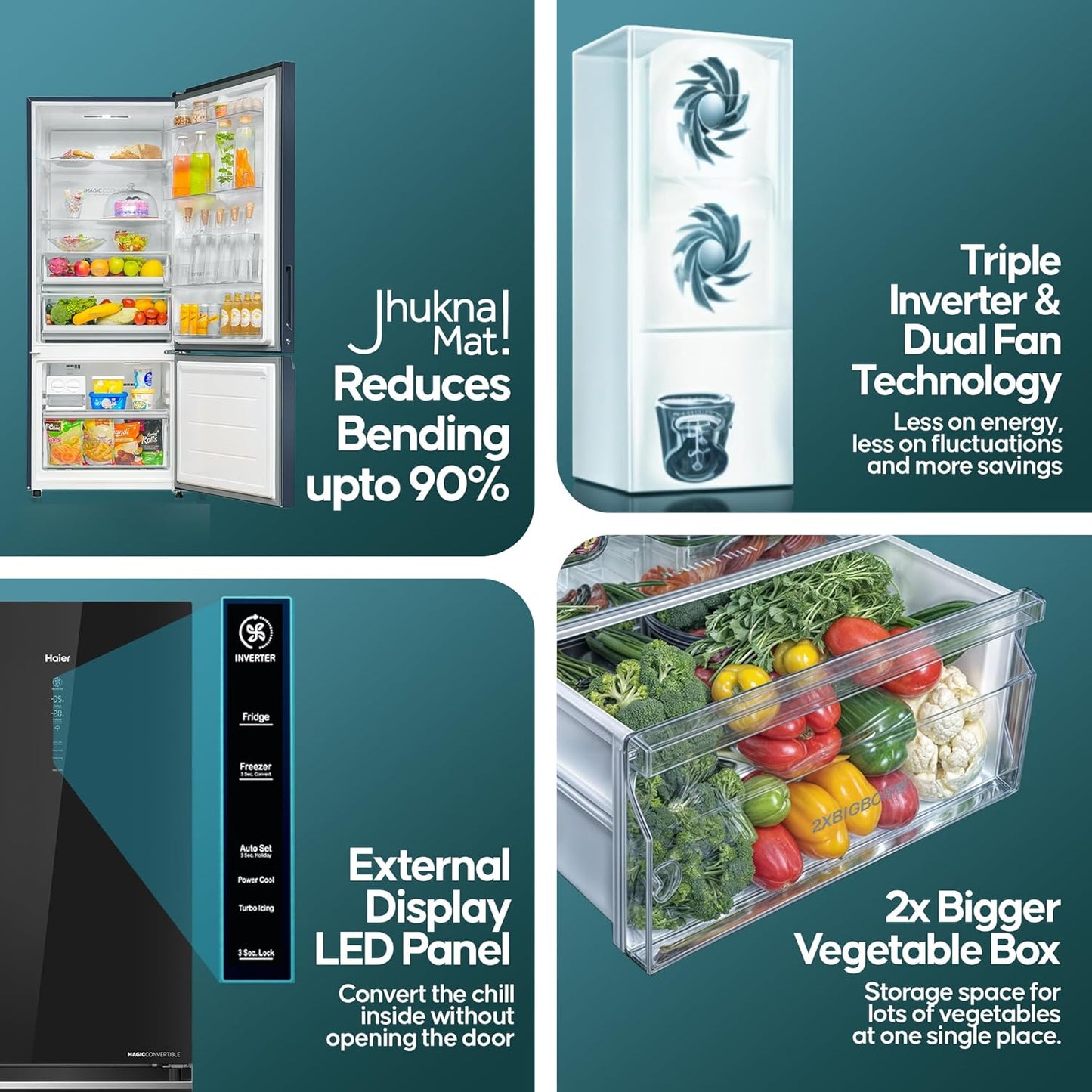 Haier 445 L 2 Star Frost Free Bottom Mount Double Door Refrigerator|Convertible 14-in-1|Jhukna Mat-Bottom Freezer|Digital Display Panel|Triple Inverter|Twist Ice Maker (HRB-4952CKG-P, Black Glass)