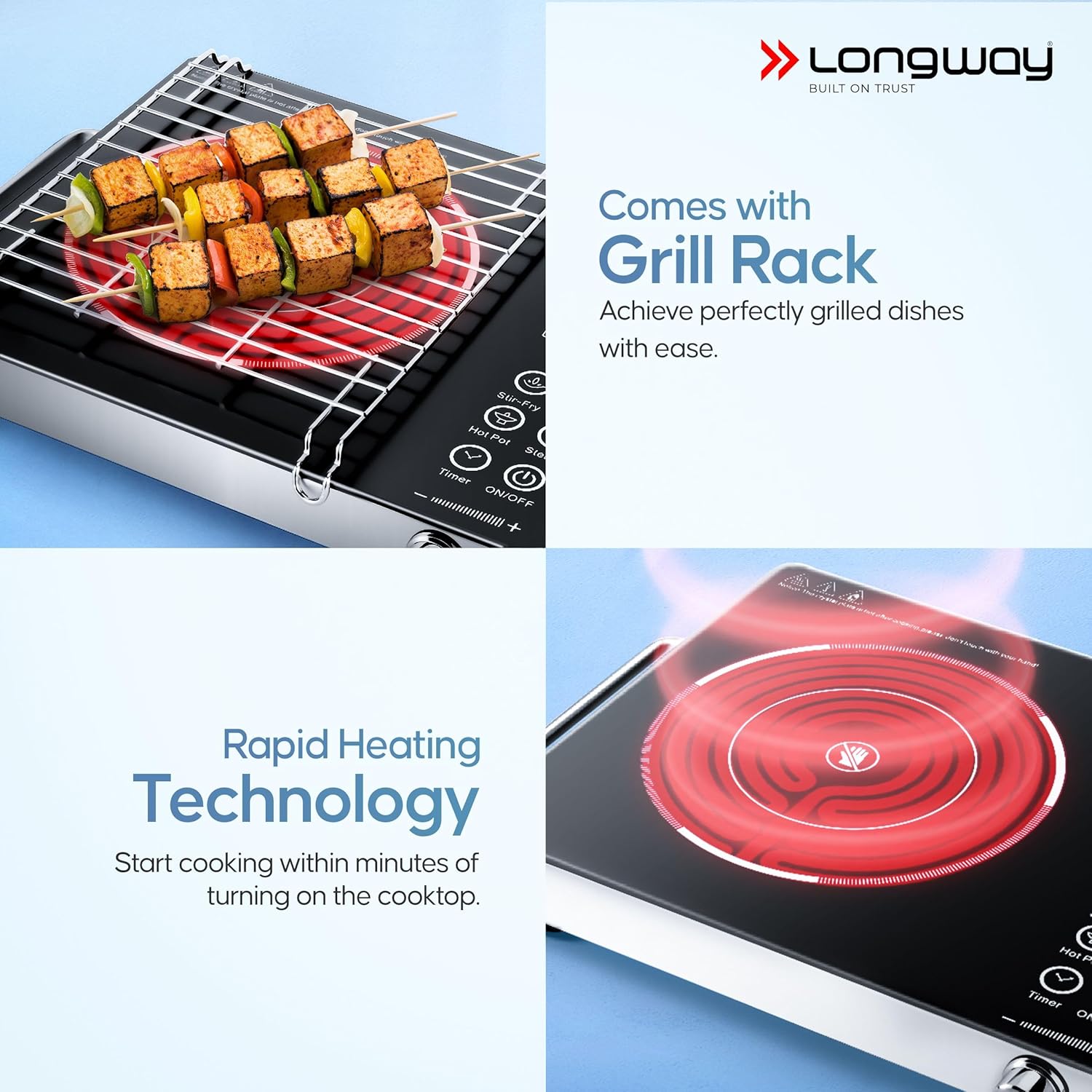 Longway Infralite Pro ICT 2200 W Infrared Induction Cooktop with Free Stainless Steel Grill | Auto Shut Off & Overheat Protection (Black, Touch Control)