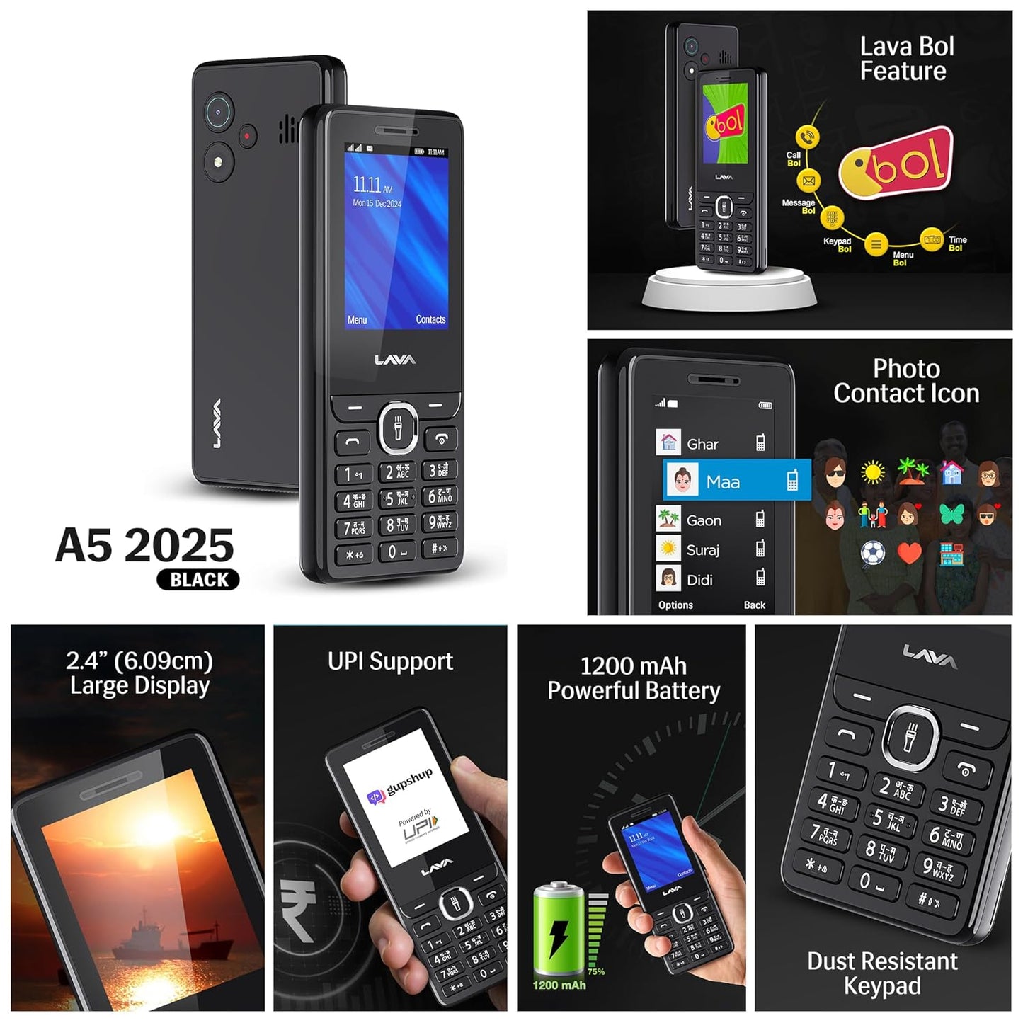 Lava A5 (2025) Dual SIM Keypad Mobile with 2.4'' Big Display | UPI Support, 1200mAh Battery | BOL Feature | Camera | Auto Call Recording | Glass Finish | and 7 Regional Languages - Black