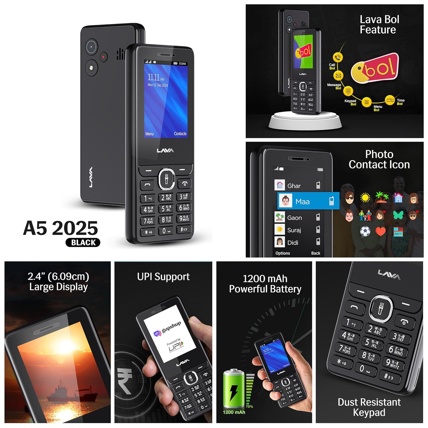 Lava A5 (2025) Dual SIM Keypad Mobile with 2.4'' Big Display | UPI Support, 1200mAh Battery | BOL Feature | Camera | Auto Call Recording | Glass Finish | and 7 Regional Languages - Black