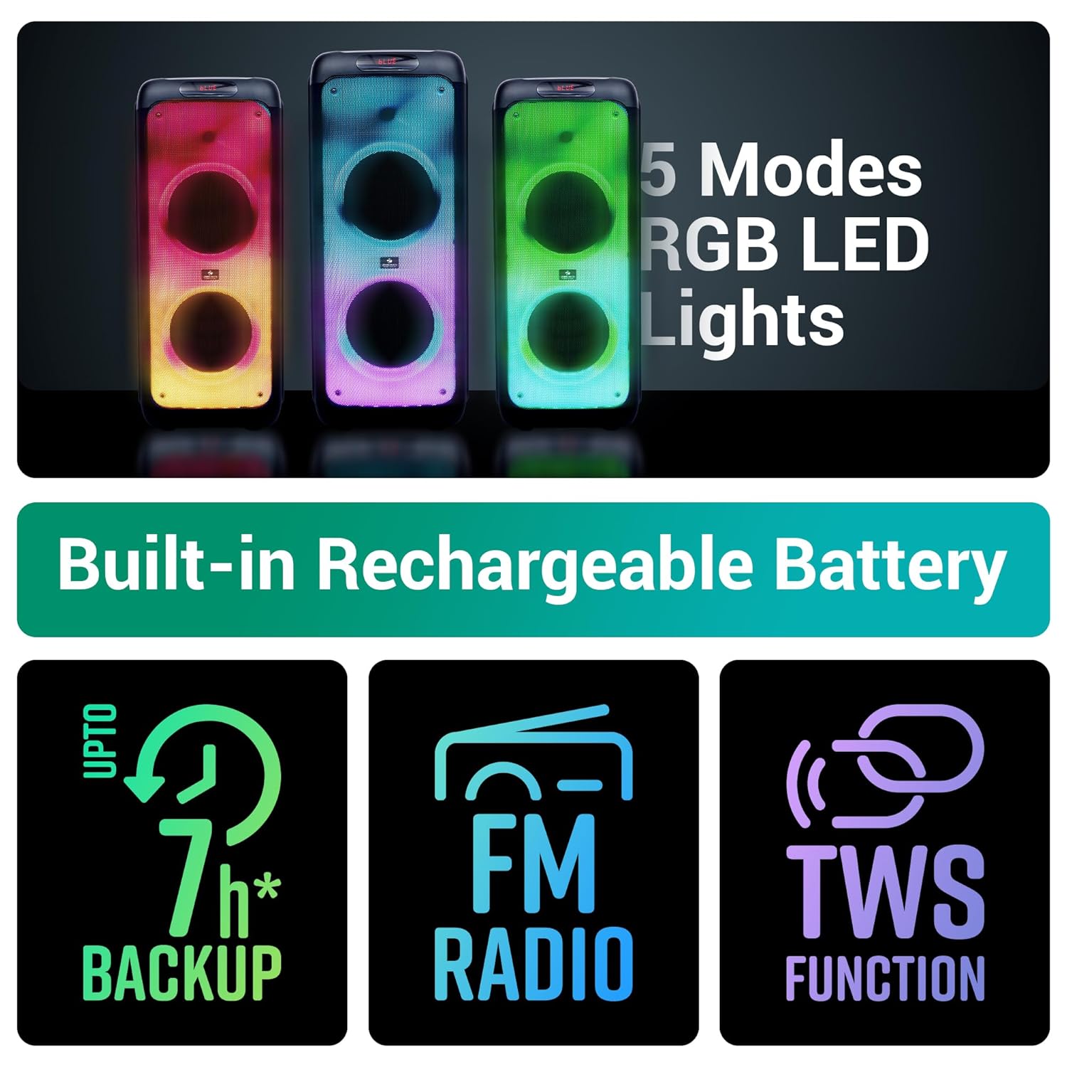 ZEBRONICS 120 Watts Party Speaker with 2 Wireless Mic, 7 hrs Playtime, Karaoke & Recording Function, Type-C Charging, TWS, Bluetooth, USB, AUX, mSD, RGB Modes (Thump 700)