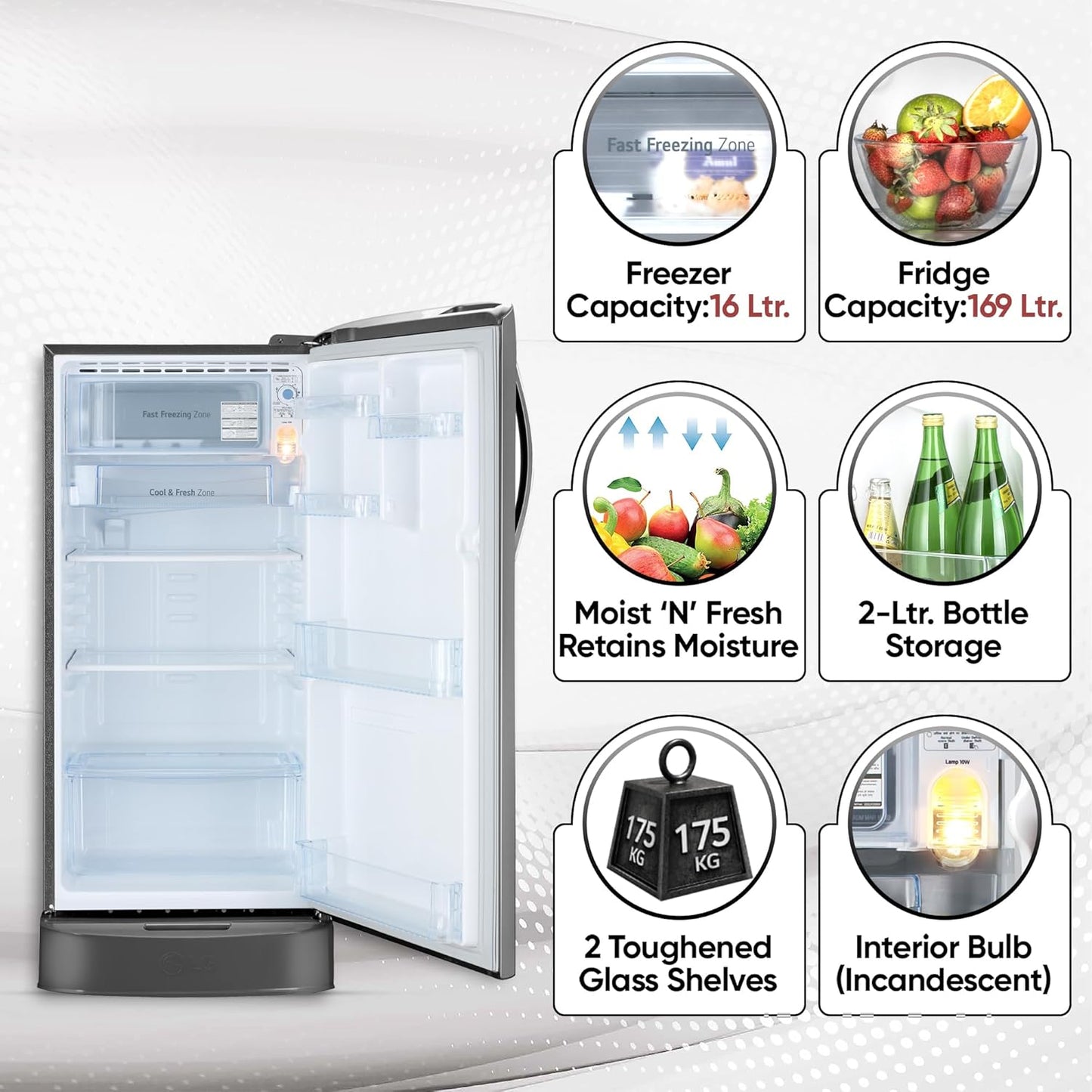 LG 185 L, 5 Star, Smart Inverter Compressor, Direct-Cool Single Door Refrigerator (GL-D201APZU.BPZZEBN, Shiny Steel, Base stand with drawer & Fast Ice Making)