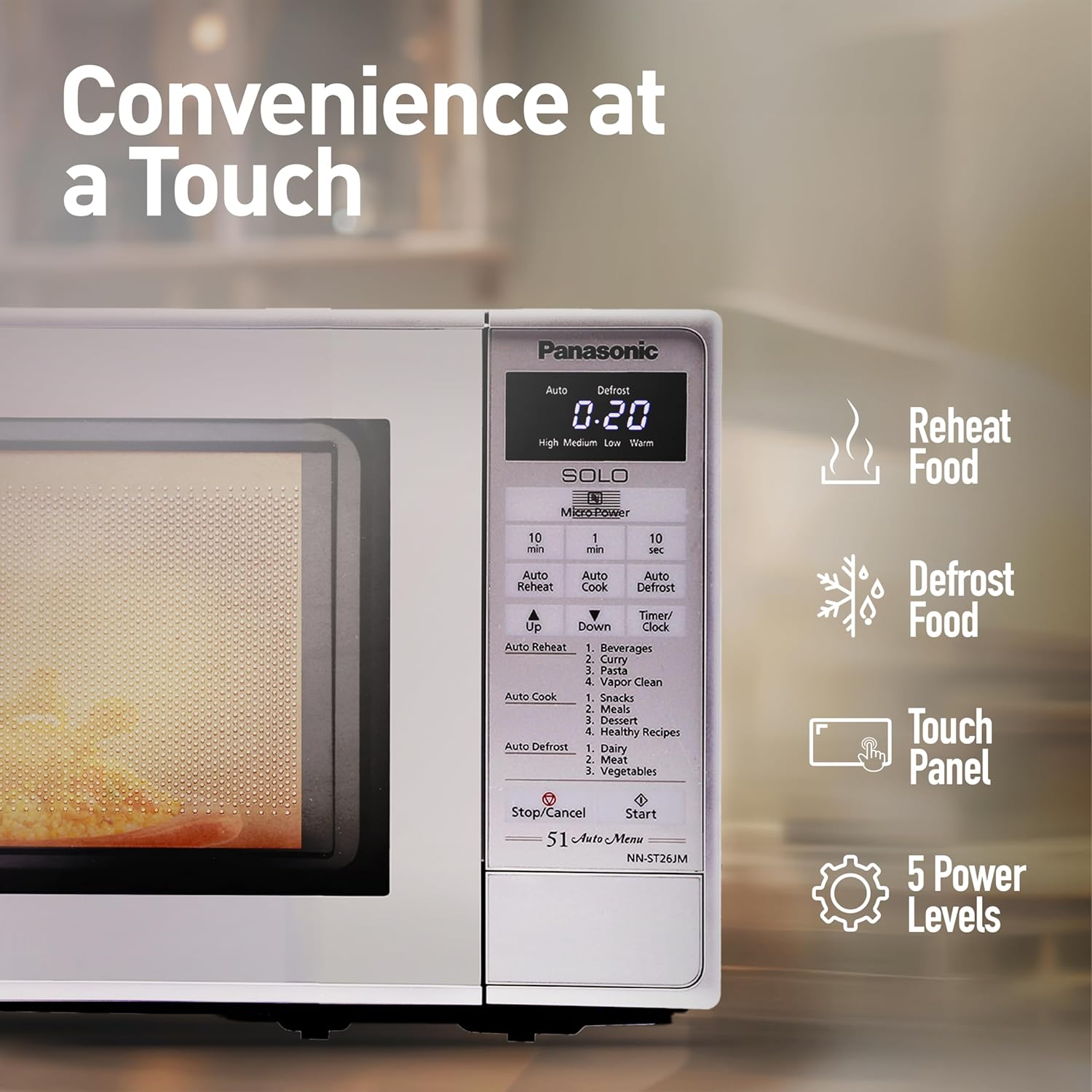 Panasonic 20L Solo Microwave Oven (NN-ST26JMFDG, Silver, 51 Auto Menus)