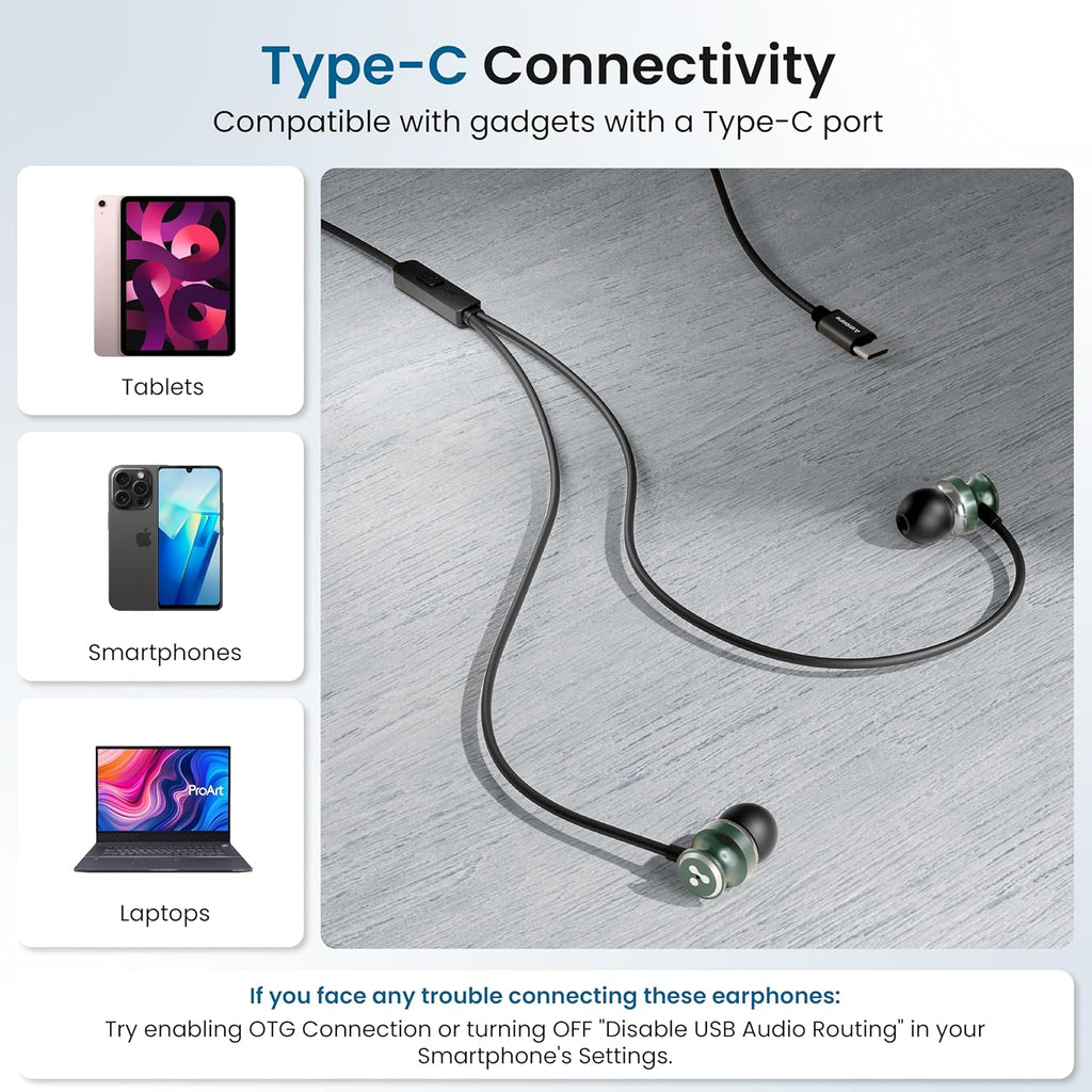 Ambrane Type-C Wired in Ear Earphones, 10Mm Bass Drivers, Inline Controls for Type C Smartphones, iPhone 15 & Laptop, 1.2M Braided Anti Tangle Wire with Mic for Clear Calling (Stringz 03, Green)