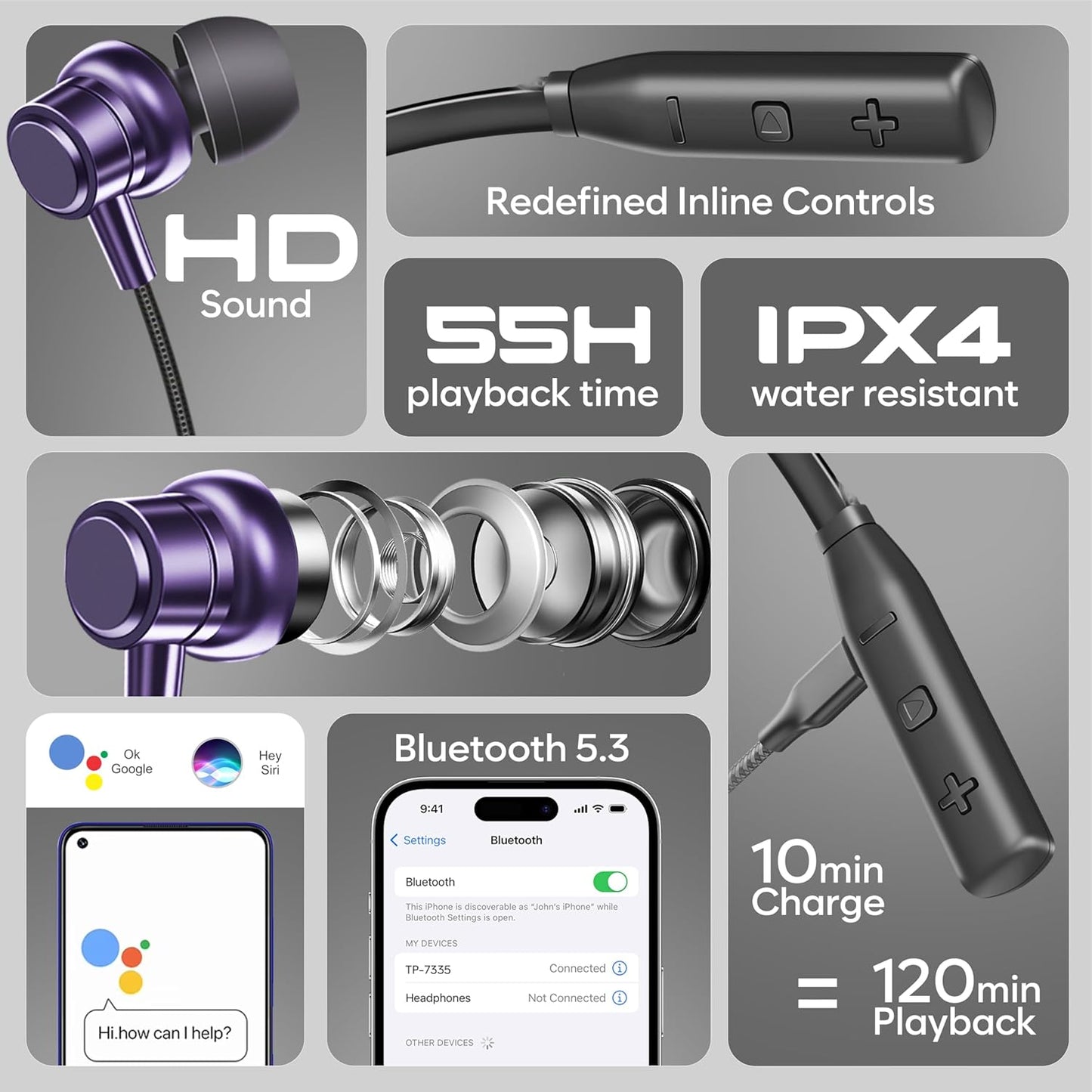 SIGNATIZE Neckband Bluetooth Headphones with 55 Hours Playtime with 10mm Drivers, Rich Music Experience, BT 5.3v, Type C Fast Charging, Neckband Earphones & IPX4 Water Resistant (Purple)