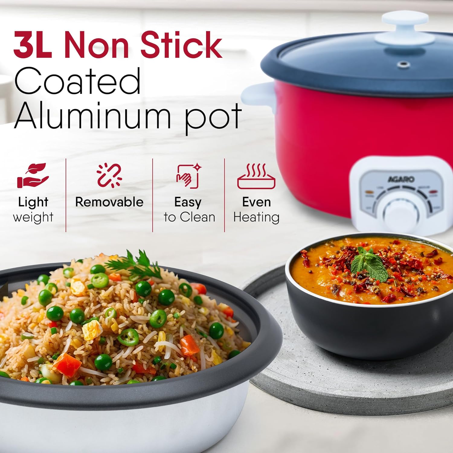 AGARO Regal Electric Multi Cooking Pot, 3L, 1200W, Steamer, Fryer, Aluminium Pot, Glass Lid, Adjustable Temperature Control, Rice, Veggies, Red.