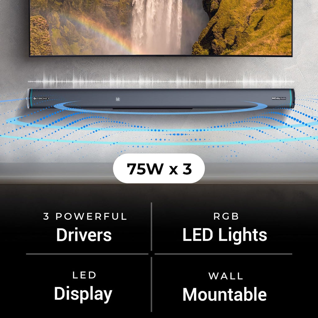 ZEBRONICS Juke bar 9550 pro 5.2 Soundbar (625 Watts), Dolby Audio, Dual Wireless Subwoofer & Wired Satellite, BT v5.3, HDMI ARC, Optical, Powerful Bass, RGB LED Lights, Wall Mountable, Silver