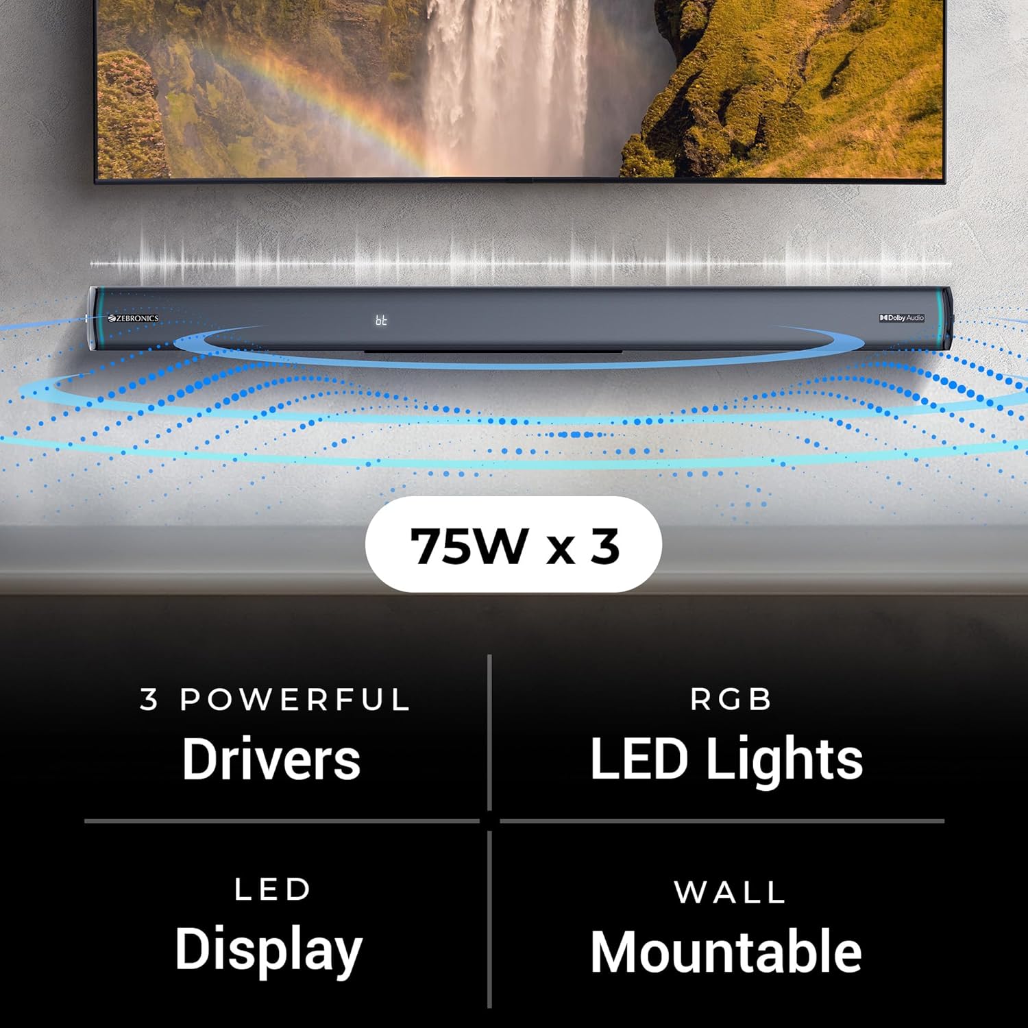 ZEBRONICS Juke bar 9550 pro 5.2 Soundbar (625 Watts), Dolby Audio, Dual Wireless Subwoofer & Wired Satellite, BT v5.3, HDMI ARC, Optical, Powerful Bass, RGB LED Lights, Wall Mountable, Silver