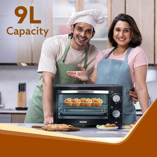 AGARO Marvel 9 Litre OTG, With Auto Shut-off, Timer Control, Heat Resistant Tempered Glass, Oven Toaster Griller for Cake Baking, Grilling, Toasting, OTG 800W (Black)