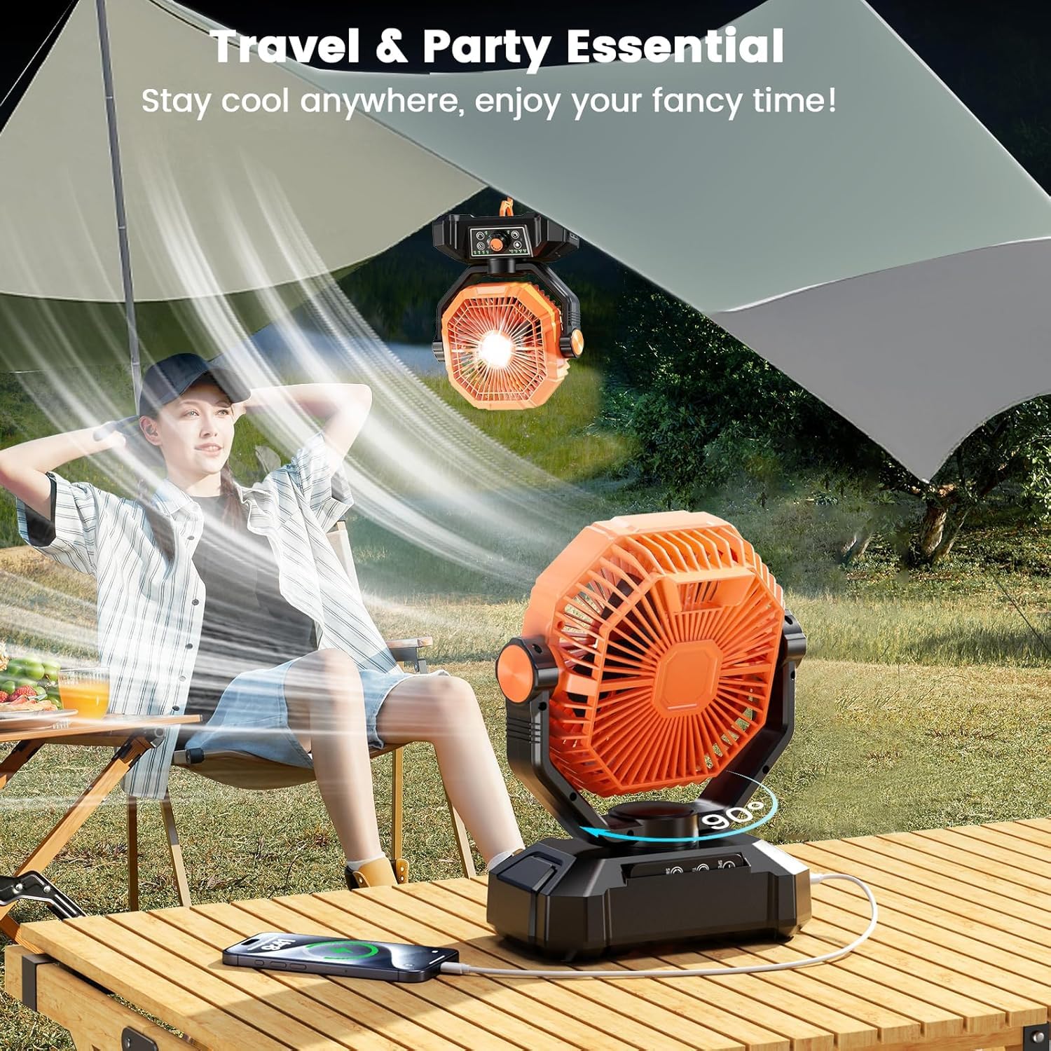 Tuarso 20000mAh Rechargeable Portable Fan for Home with LED Emergency Light, Battery Table Fan Rechargeable Big Size with Remote Control 8 High Speeds Wind, Kitchen Fans for Cooking Orange