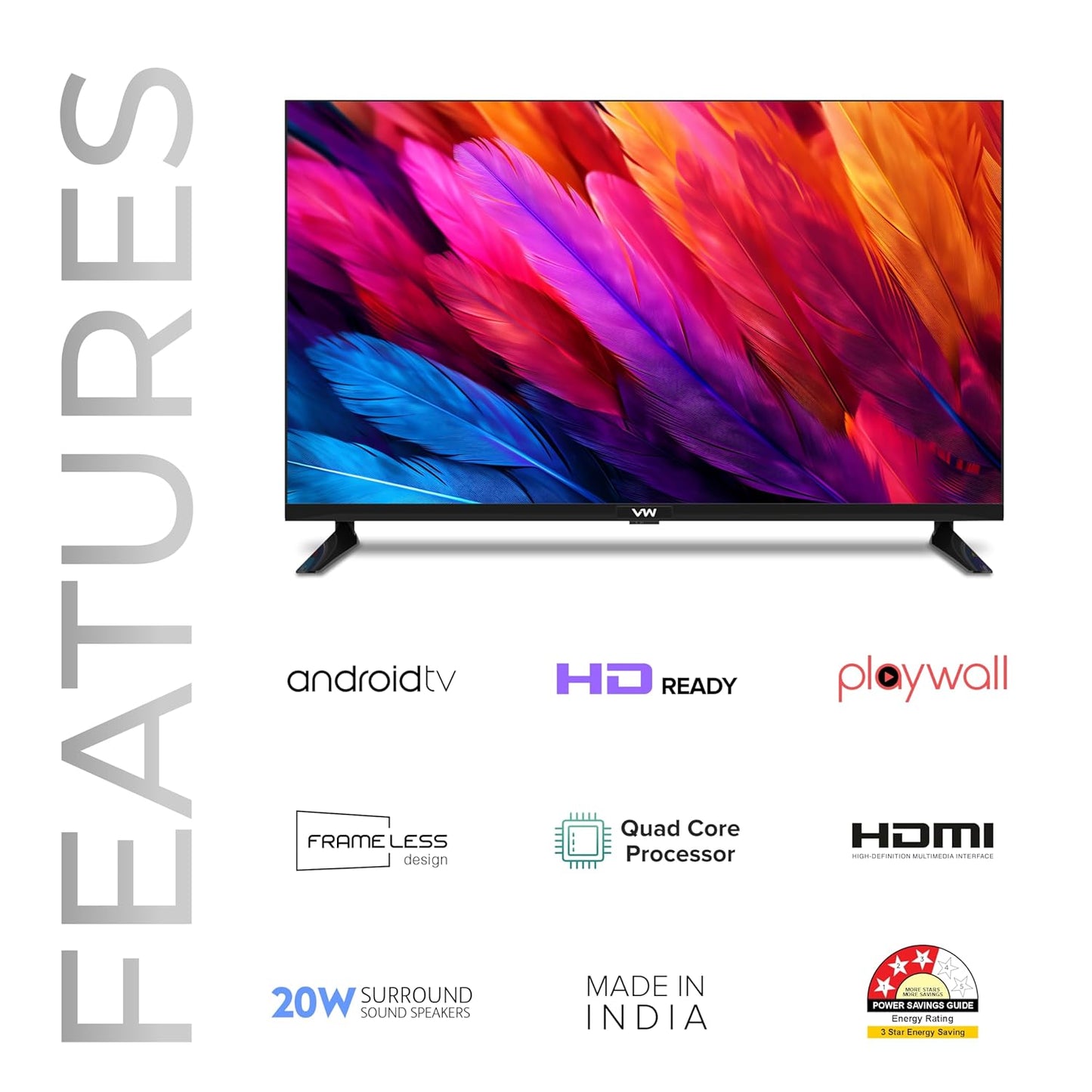 VW 80 cm (32 inches) Playwall Frameless Series HD Ready Android Smart LED TV VW32F5