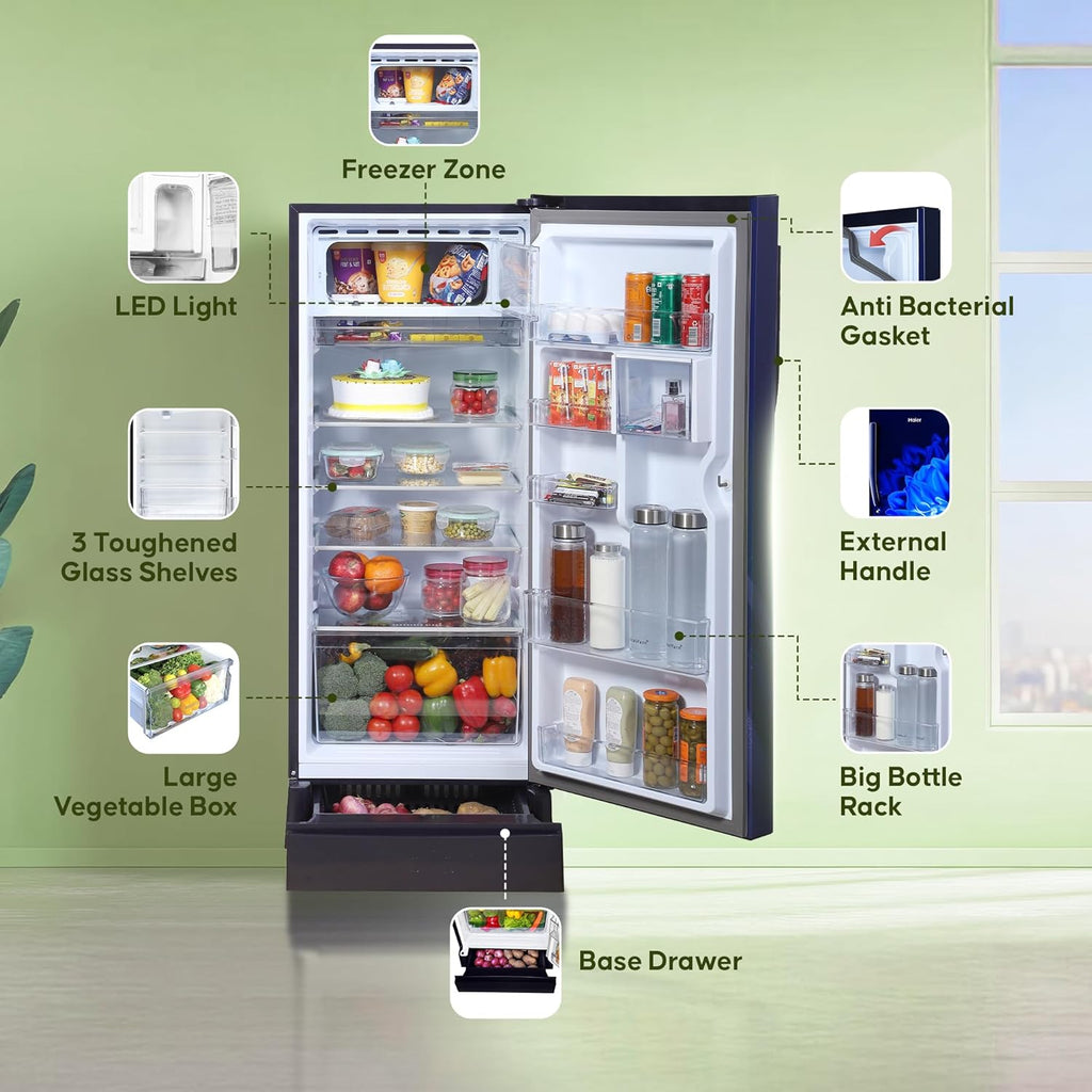 Haier 190 L, 4 Star, Direct-Cool Single Door Refrigerator (HED-204MDB, Marine Dahelia, Base Stand Drawer)
