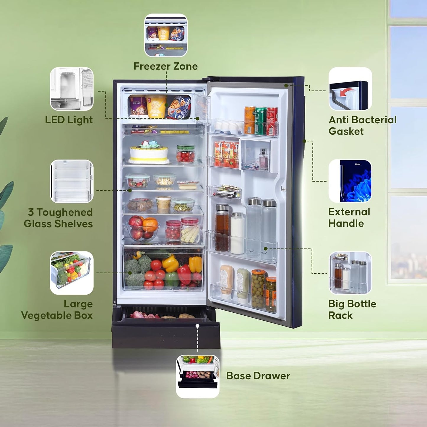 Haier 190 L, 4 Star, Direct-Cool Single Door Refrigerator (HED-204MDB, Marine Dahelia, Base Stand Drawer)