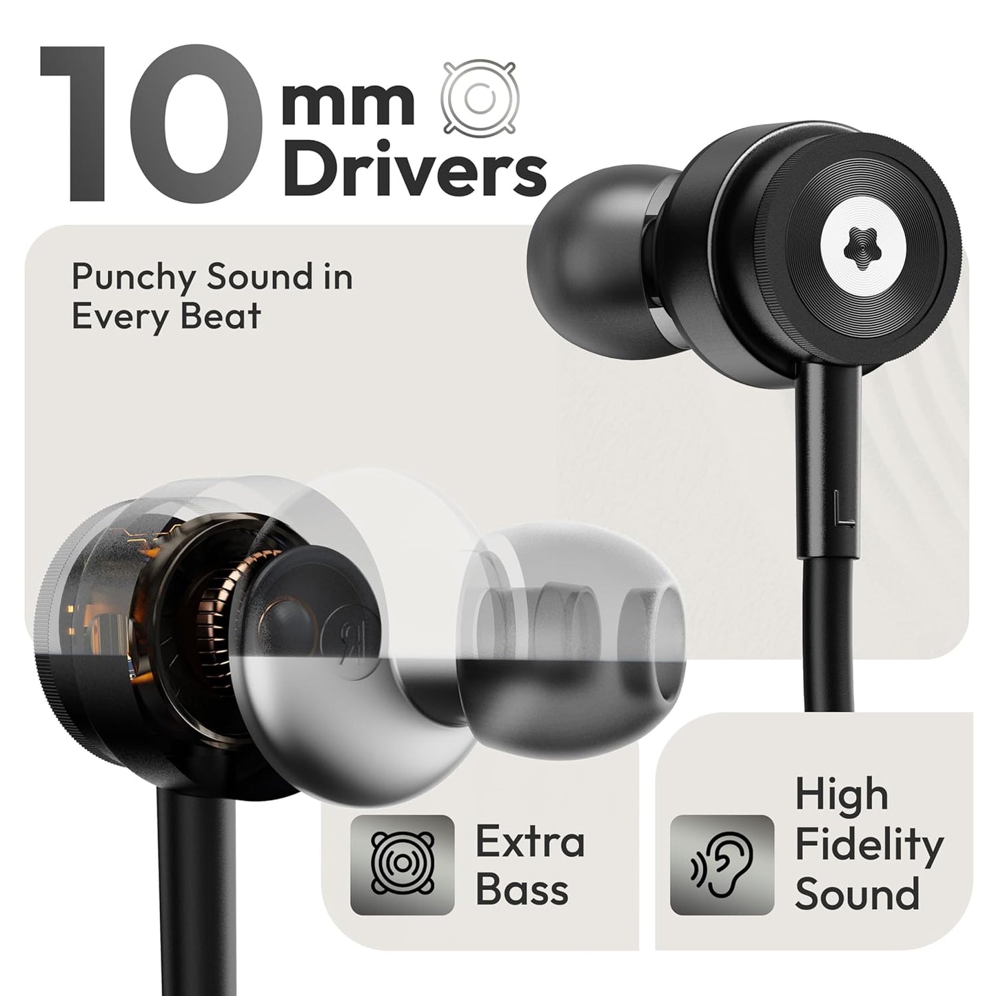 Boult XO Black Wired Earphones with 3.5mm Jack, Extra Bass, 10mm Dynamic Driver, Inline Control, IPX5 Water Resistant, HD Mic, Radial Finish, Earphones Wired Headphones with Mic Earphone
