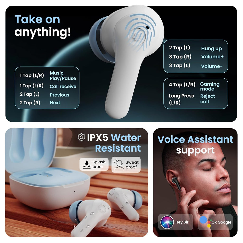 GOBOULT K10 Truly Wireless Bluetooth in Ear Earbuds with 50H Playtime, 4 Mic Clear Calling, 45ms Low Latency, 10mm Drivers, Touch Controls, Type-C Fast Charging, TWS Ear Buds Wireless (Ice Blue)