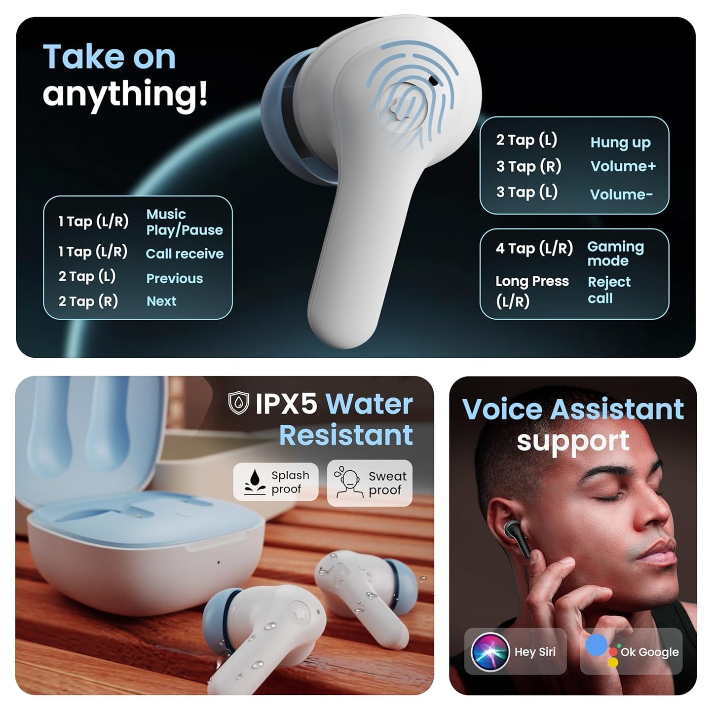 GOBOULT K10 Truly Wireless Bluetooth in Ear Earbuds with 50H Playtime, 4 Mic Clear Calling, 45ms Low Latency, 10mm Drivers, Touch Controls, Type-C Fast Charging, TWS Ear Buds Wireless (Ice Blue)