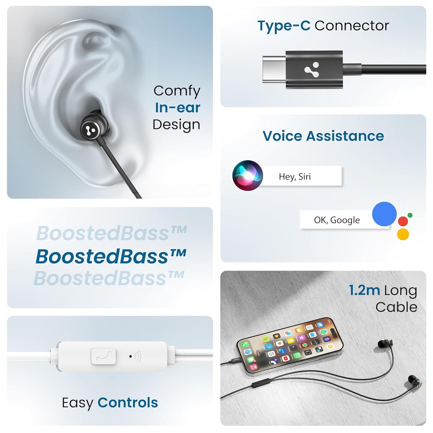 Ambrane Type-C Wired in Ear Earphones, 10Mm Bass Drivers, Inline Controls for Type C Smartphones, iPhone 15 & Laptop, 1.2M Braided Anti Tangle Wire with Mic for Clear Calling (Stringz 03, Green)