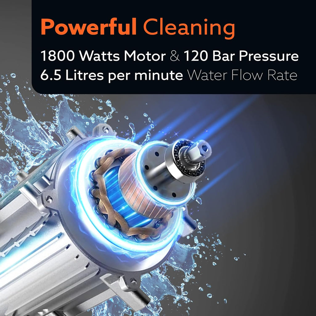 AGARO Supreme High Pressure Washer, Car Washer, 1800 Watts Motor, 120 Bars, 6.5L/Min Flow Rate, 8 Meters Outlet Hose, Portable, Car, Bike & Home Cleaning, Black and Orange