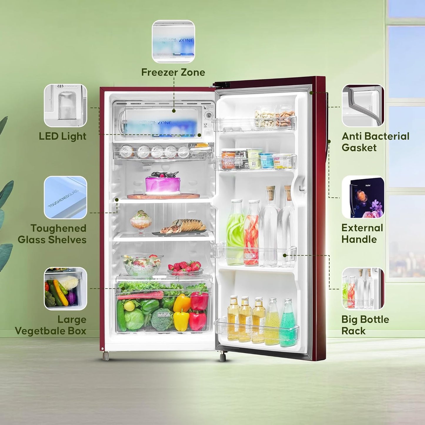 Haier 190L 2-Star Direct Cool Single Door Refrigerator (HED-202RV-P, Red Voila)