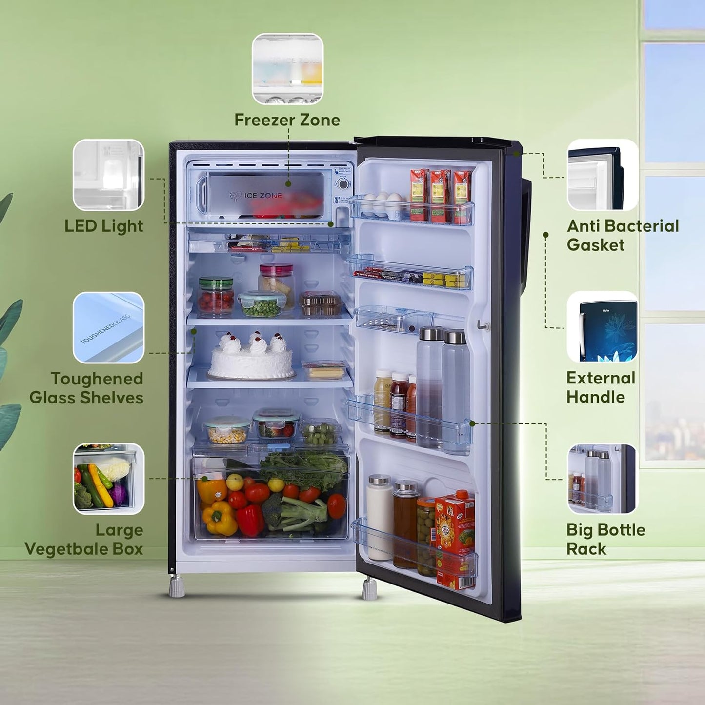 Haier 175 L, 2 Star, Direct-Cool Single Door Refrigerator (HED-182ML-N, Marine Lotus)