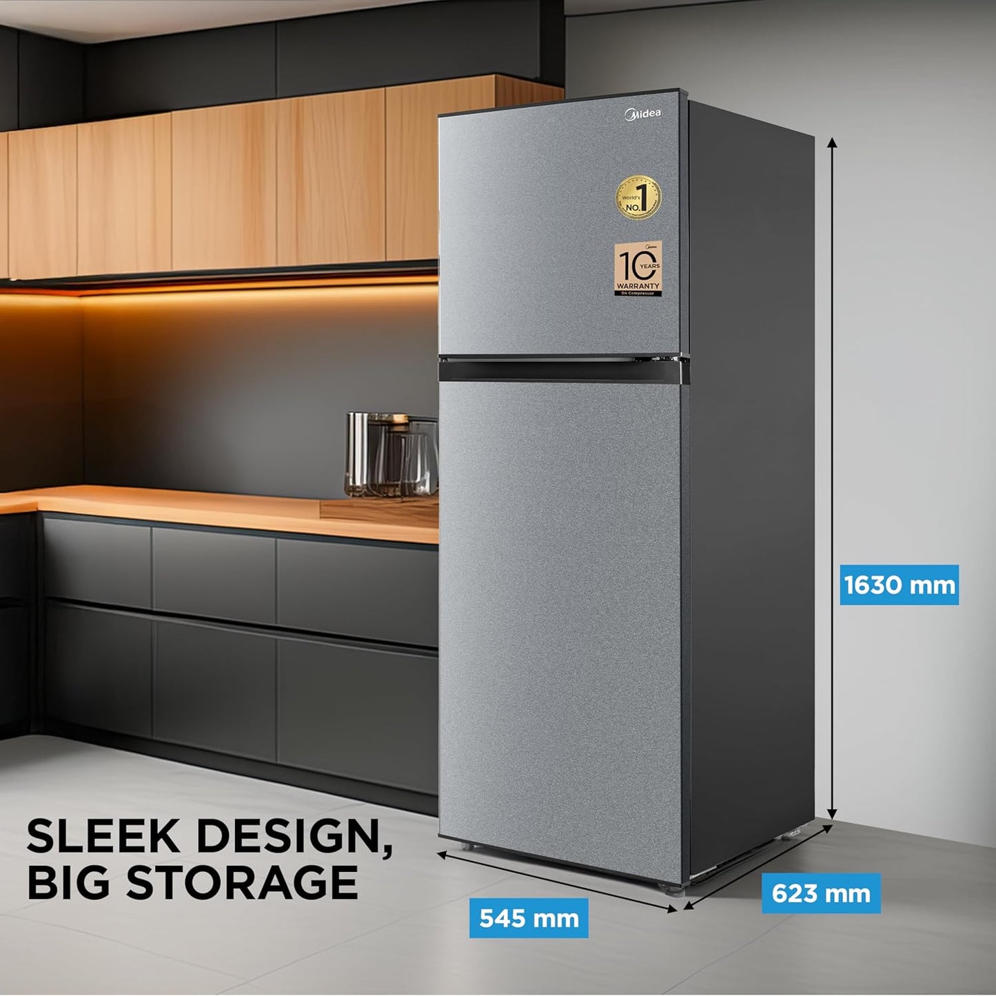 Midea 253 L,2 Star Frost Free Double Door Refrigerator with real Inverter Compressor, Deo Fresh TechnologyEnergy Efficient,Stabilizer Free Operation, Adjustable Shelves (MDRT350FGI50, Crystal Silver)