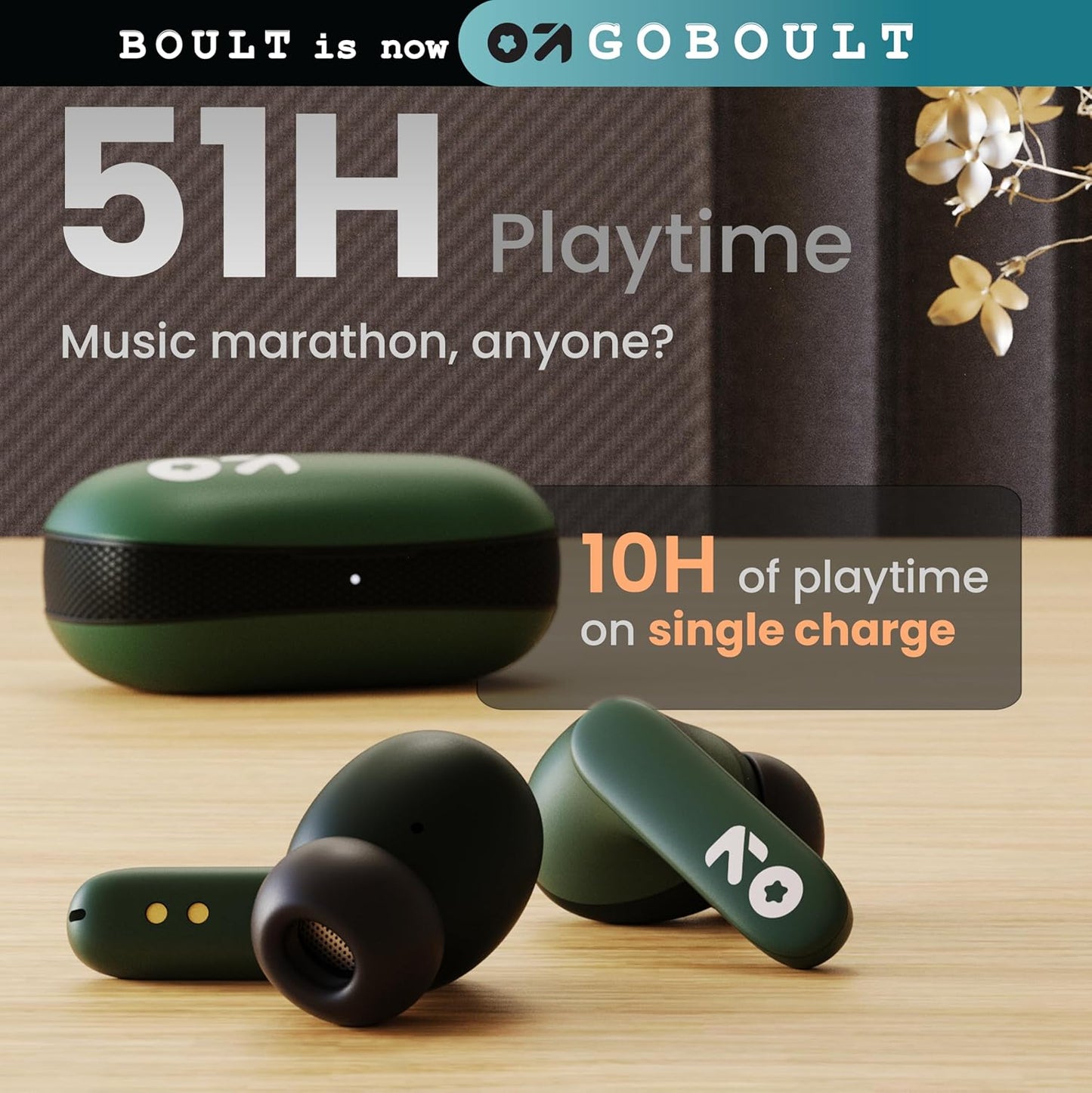 Boult GOBOULT Z20 Truly Wireless Bluetooth Ear Buds with 51H Playtime,Zen Calling ENC Mic,Made in India,Low Latency Gaming,Touch Controls,Rich Bass Drivers,TWS Earbuds Bluetooth Wireless(Pine Green)