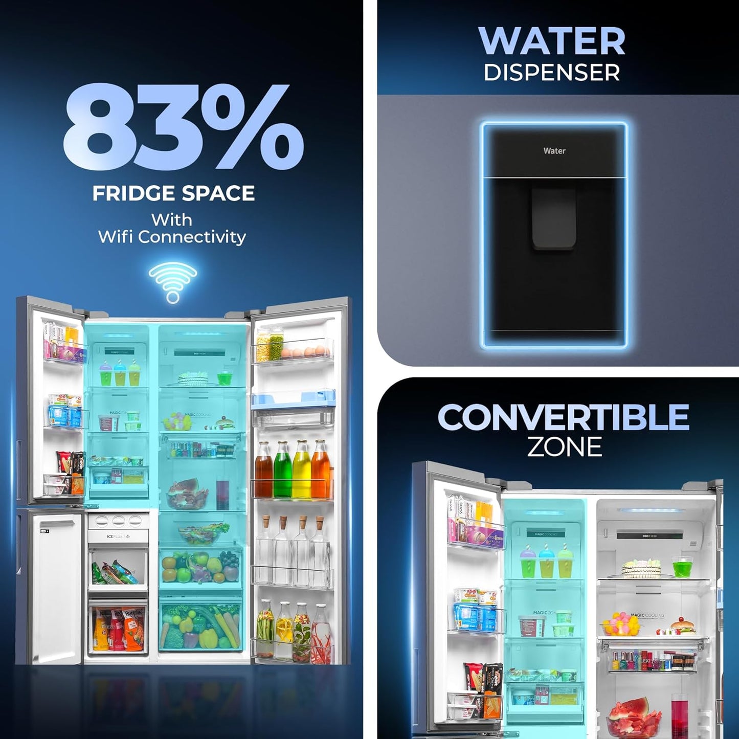Haier 592L 3Star 3-Door Water Dispenser Side by Side Frost Free Refrigerator|Convertible|Smart Sense AI|Inverter|Digital Display Panel|Deo Fresh Technology (2025 Model, HRT-683WGKU1, Graphite Black)