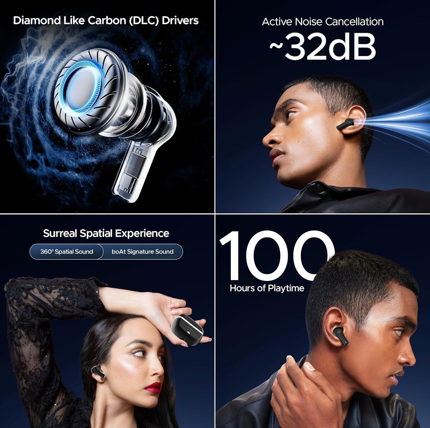 boAt Nirvana Space, 360º Spatial Audio, Active Noise Cancellation (~32dB), 100Hrs Battery,4Mics ENx, Fast Charge, v5.3 Bluetooth Earbuds, TWS Ear Buds Wireless Earphones with mic (Cosmic Black)