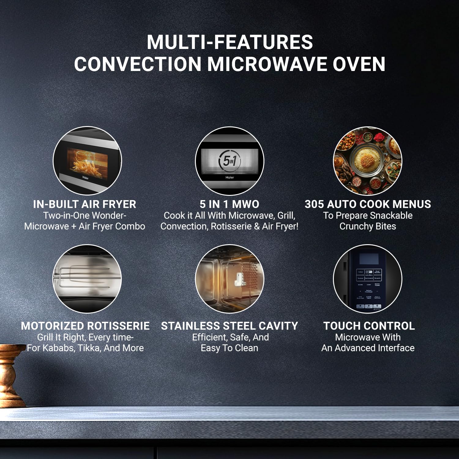 Haier 30L Convection Microwave Oven (HIL3001ARSB, Black) with In-Built Air Fryer | Motorized Rotisserie | Stainless-steel Cavity | 5 In 1 Microwave oven