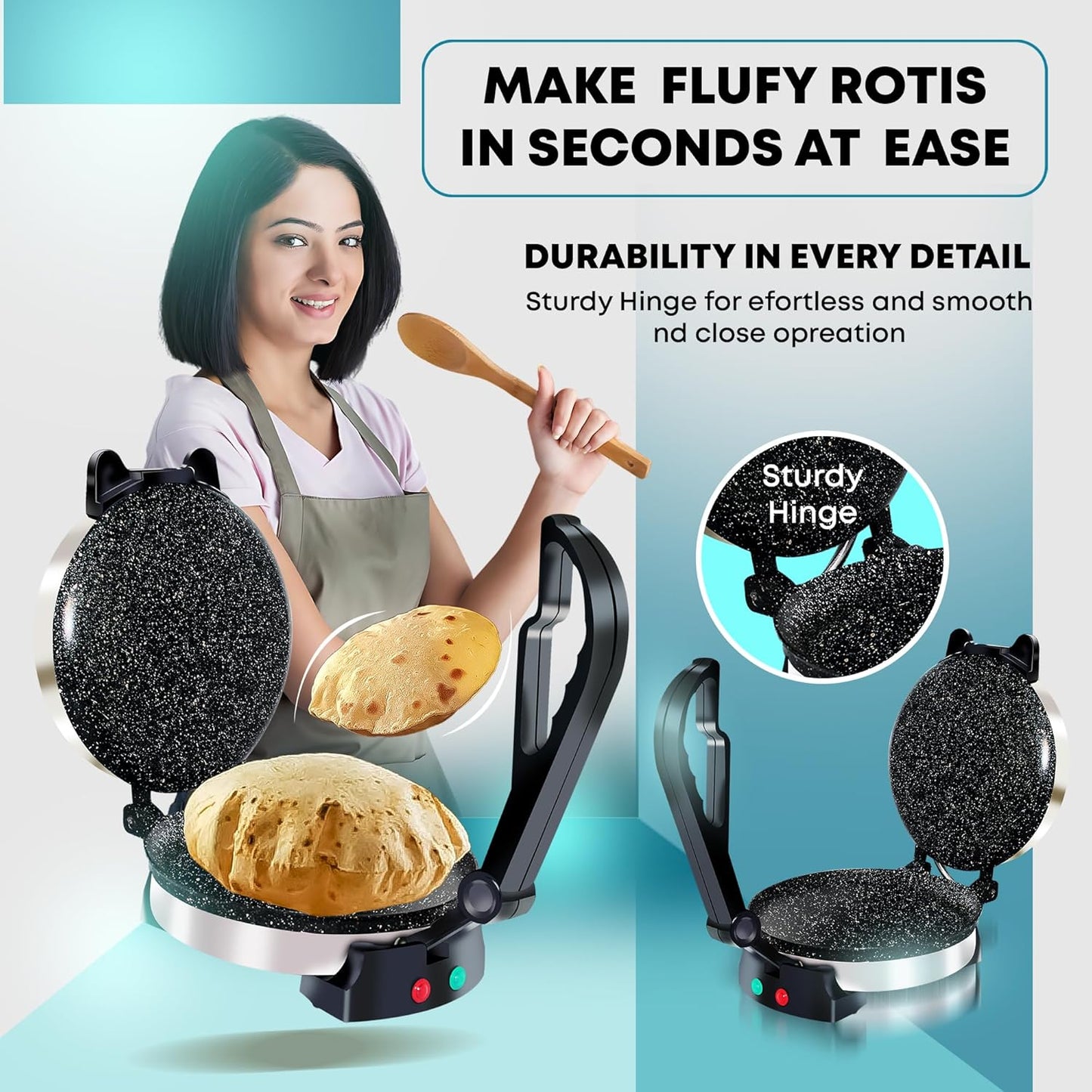 Libra Roti Maker Machine - Electric Roti Maker with Non-Stick 8.5inch Plates and Durable Handle, Auto Temperature Control Chapati Maker Machine with Indicator Lights, 950 Watts, Silver
