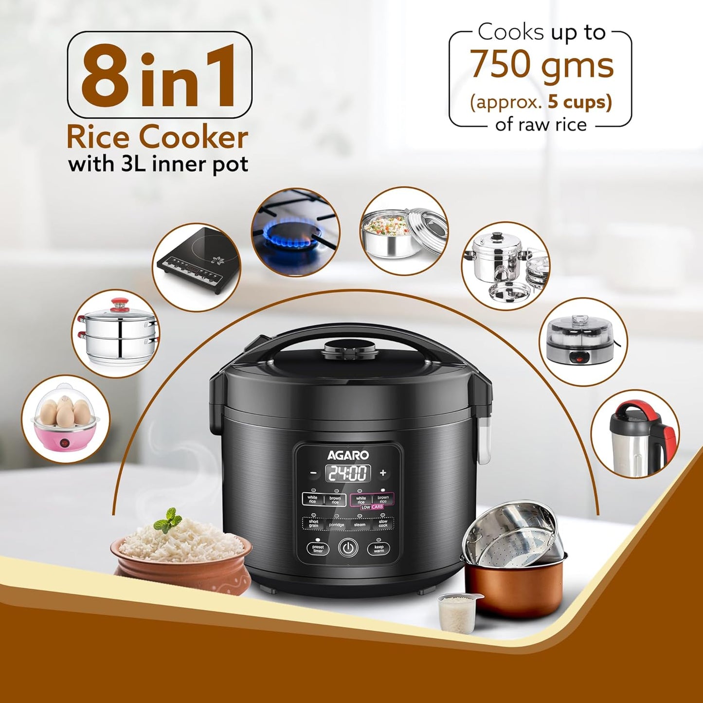 AGARO Regal Electric Rice Cooker, 3 Litres Ceramic Inner Bowl, 750gms (approx. 5 cups) raw rice, SS Steamer, Preset Cooking Functions, Preset Timer, Keep Warm Function, LED Display, Black