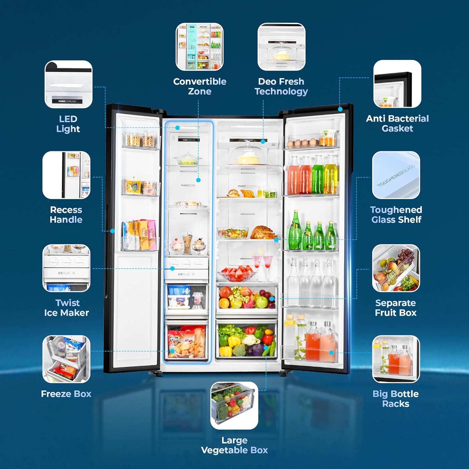 Haier 602L 3Star 2 Door Premium Glass Door Side by Side Frost Free Refrigerator|Convertible|Smart Sense AI|Expert Inverter|Digital Display Panel|Deo Fresh Technology (HRS-682KGU1, Black Glass)