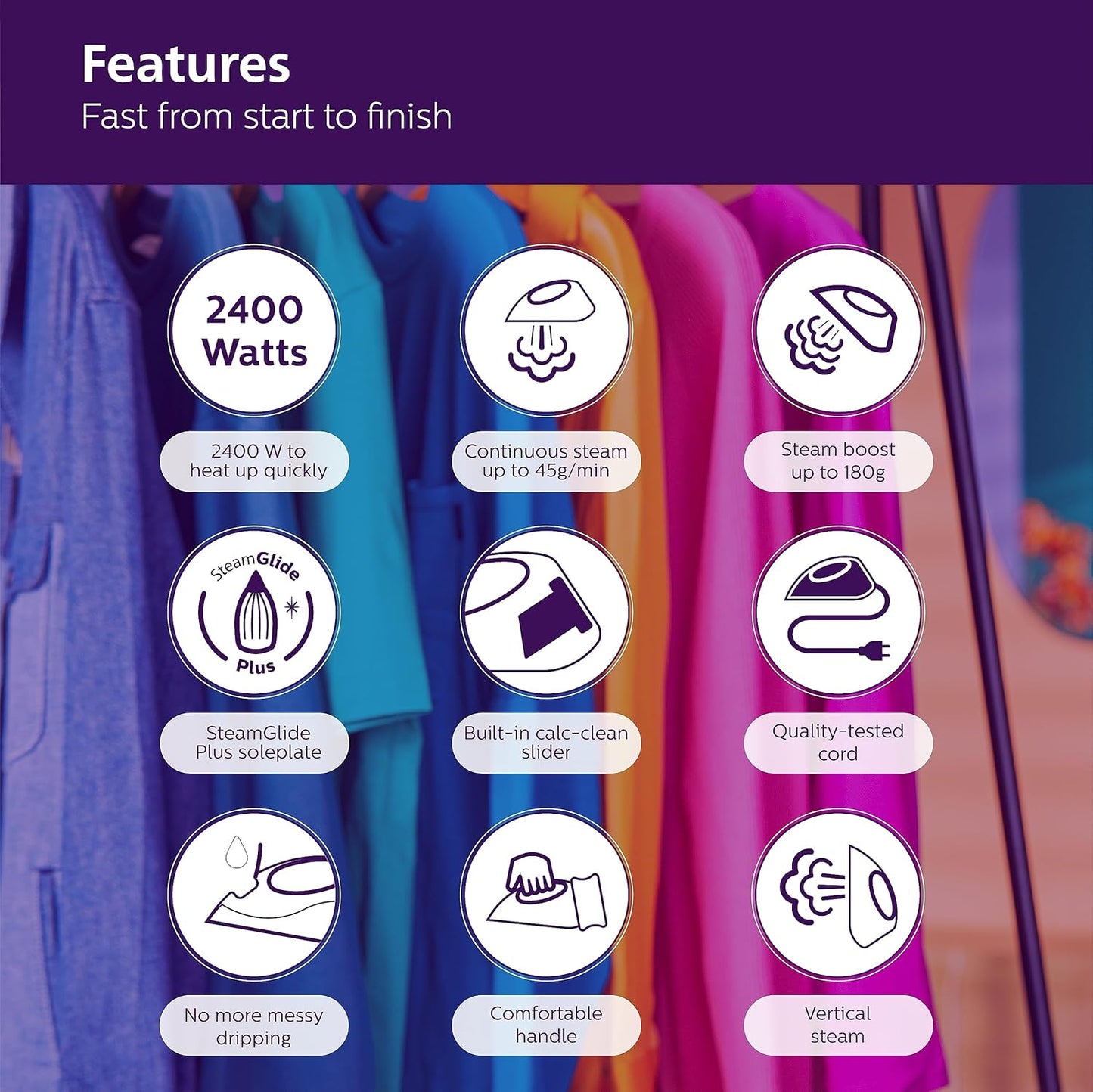 PHILIPS Plastic Domestic Appliances Steam Iron Dst5030/80 2400 Watts Quick Heat Up with Up to 45 G/Min Steam 180 G Steam Boost Steamglide Plus Soleplate Vertical Steam