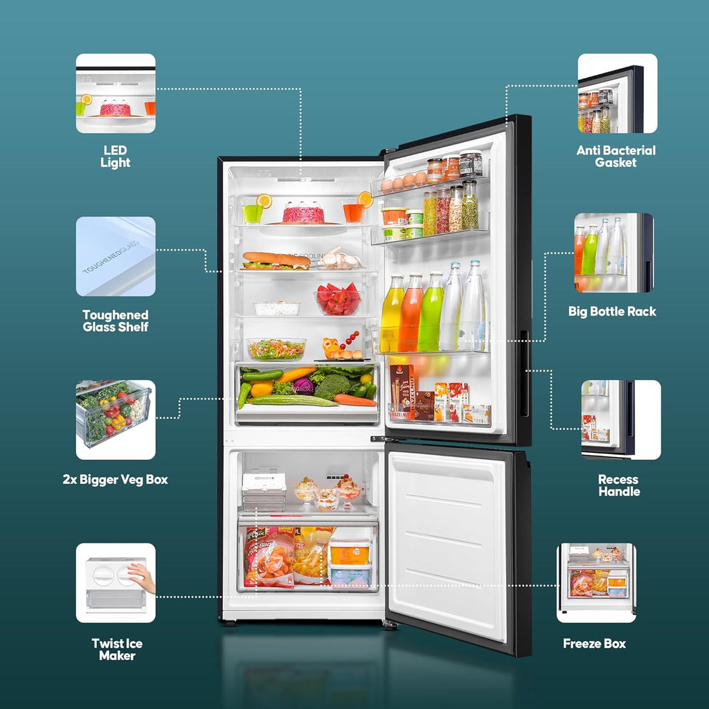 Haier 355 L 3 Star Frost Free Bottom Mount Double Door Refrigerator|Convertible 14-in-1|Jhukna Mat-Bottom Freezer|Digital Display Panel|Triple Inverter|Twist Ice Maker (HEB-363MB-P, Graphite Black)