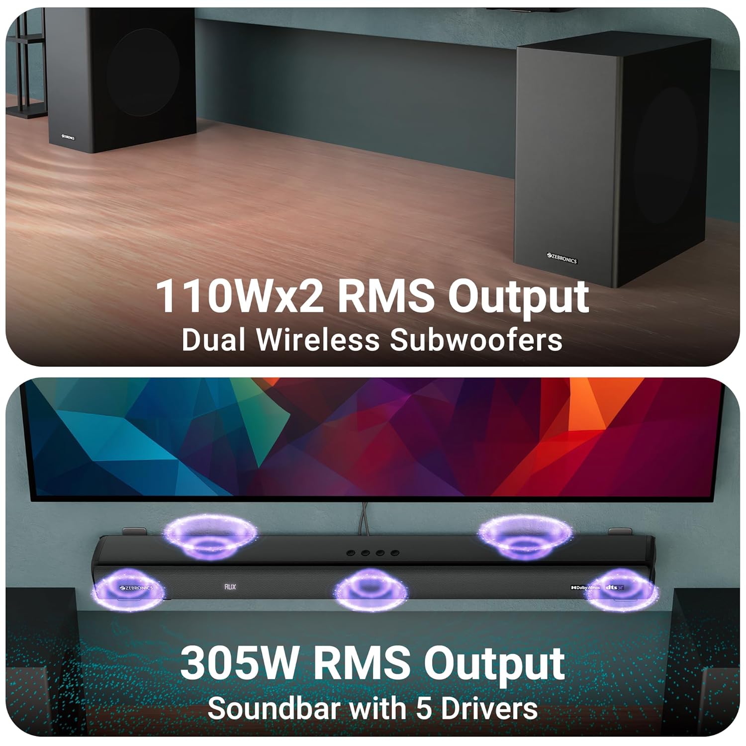 ZEBRONICS Juke BAR 9900, 725 Watts, Karaoke UHF Mic, Dolby Atmos, DTS X, 7.2.2 (5.2.4) Surround Soundbar with Dual Wireless Subwoofer & Satellites, HDMI eARC, Optical in, RGB LED