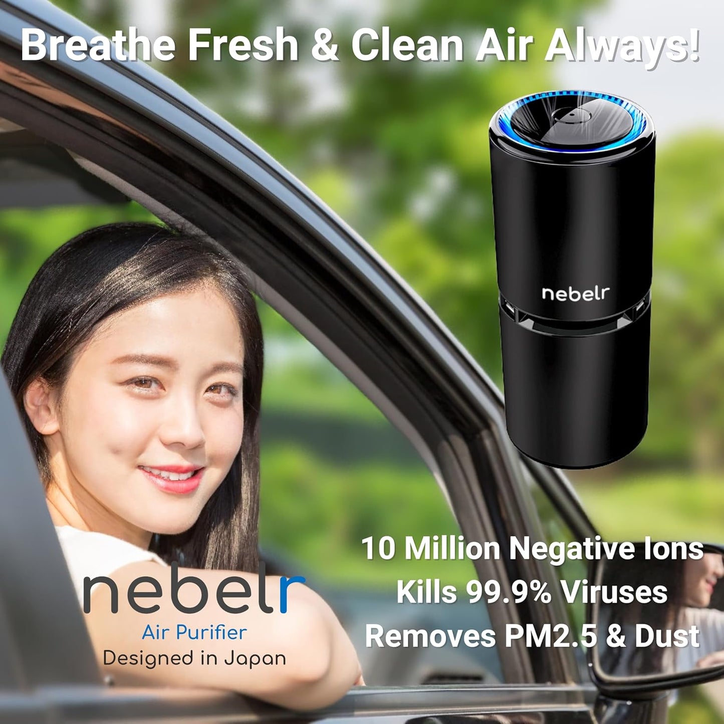 Nebelr Car Air Purifier Ionizer - Premium - Zero Filter - Alluminium - 10 Million Negative Ions - Kills 99.9% Viruses - Removes Dust - Portable - Designed in Japan - 2025 - USB C - with Car Charger