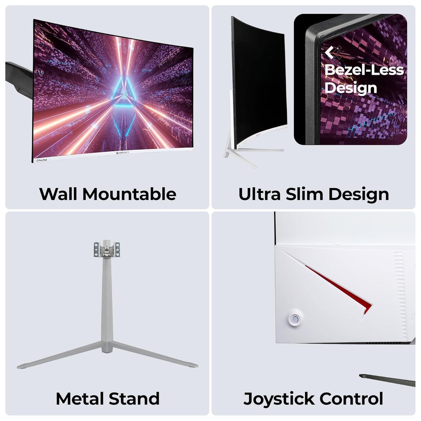 ZEBRONICS AC32FHD LED, Gaming Monitor, 32 inch (81.28cm), 300 nits, 165hz, 1800R Curved wide screen, FHD, 1080p, Wall Mountable, HDMI, DisplayPort, USB Port, Metal stand, Built-in Speakers