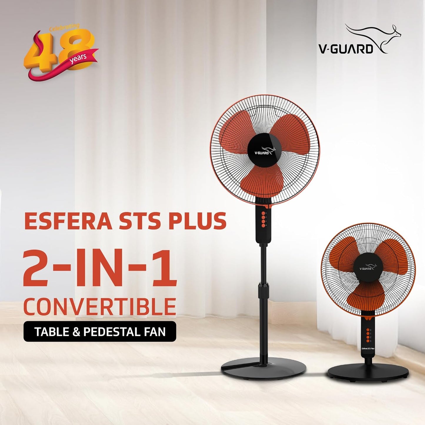 V-Guard Esfera STS Plus Pedestal Cum Table Fan | Versatile 2-In-1 Operation | 1350 RPM Motor | Customisable Tilt And Oscillation Control | Red Black | 40 cm (400mm)