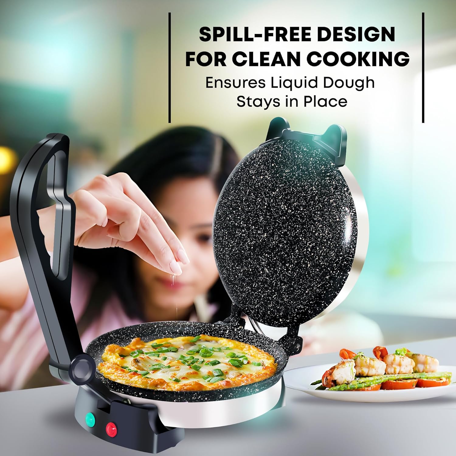 Libra Roti Maker Machine - Electric Roti Maker with Non-Stick 8.5inch Plates and Durable Handle, Auto Temperature Control Chapati Maker Machine with Indicator Lights, 950 Watts, Silver