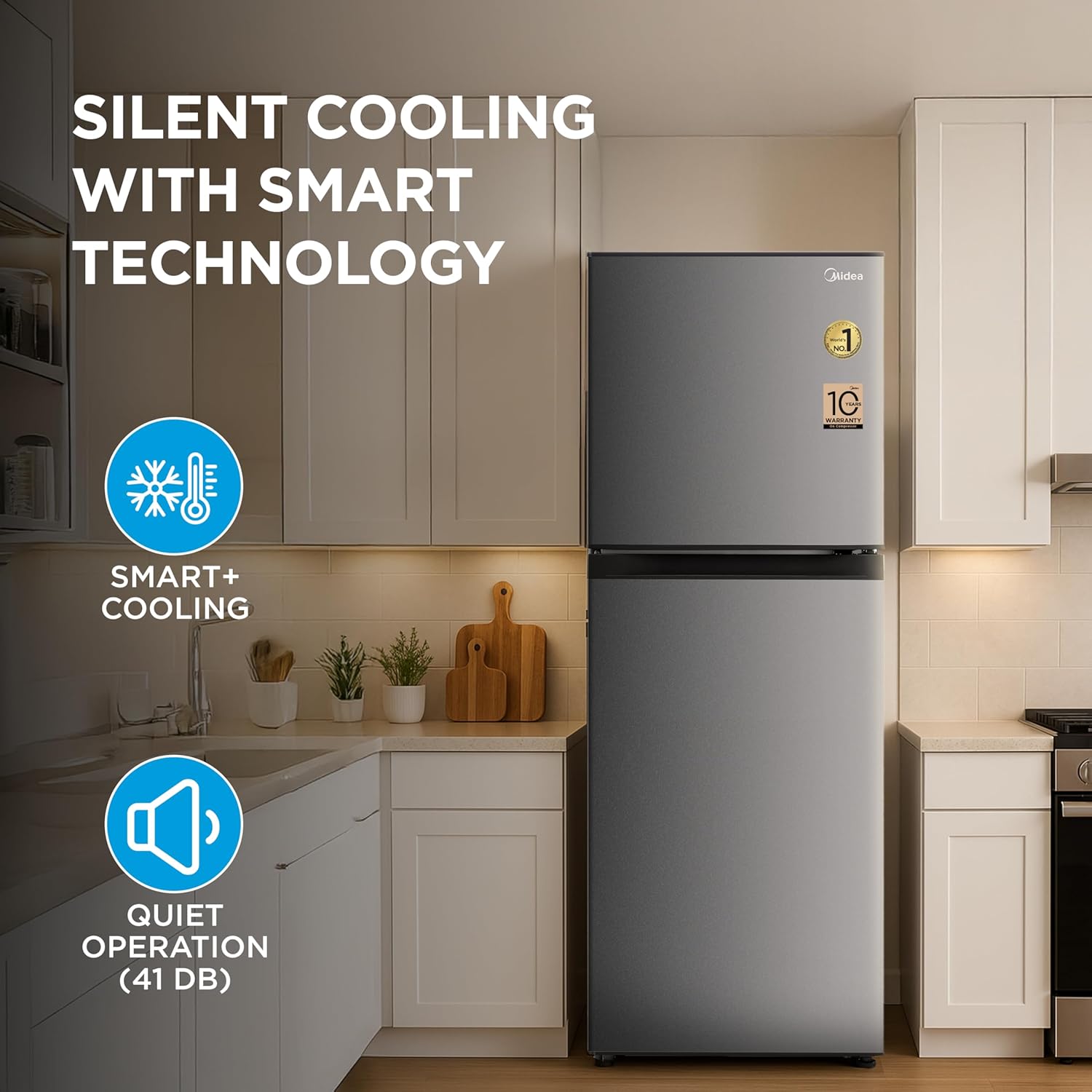 Midea 253 L,2 Star Frost Free Double Door Refrigerator with real Inverter Compressor, Deo Fresh TechnologyEnergy Efficient,Stabilizer Free Operation, Adjustable Shelves (MDRT350FGI50, Crystal Silver)