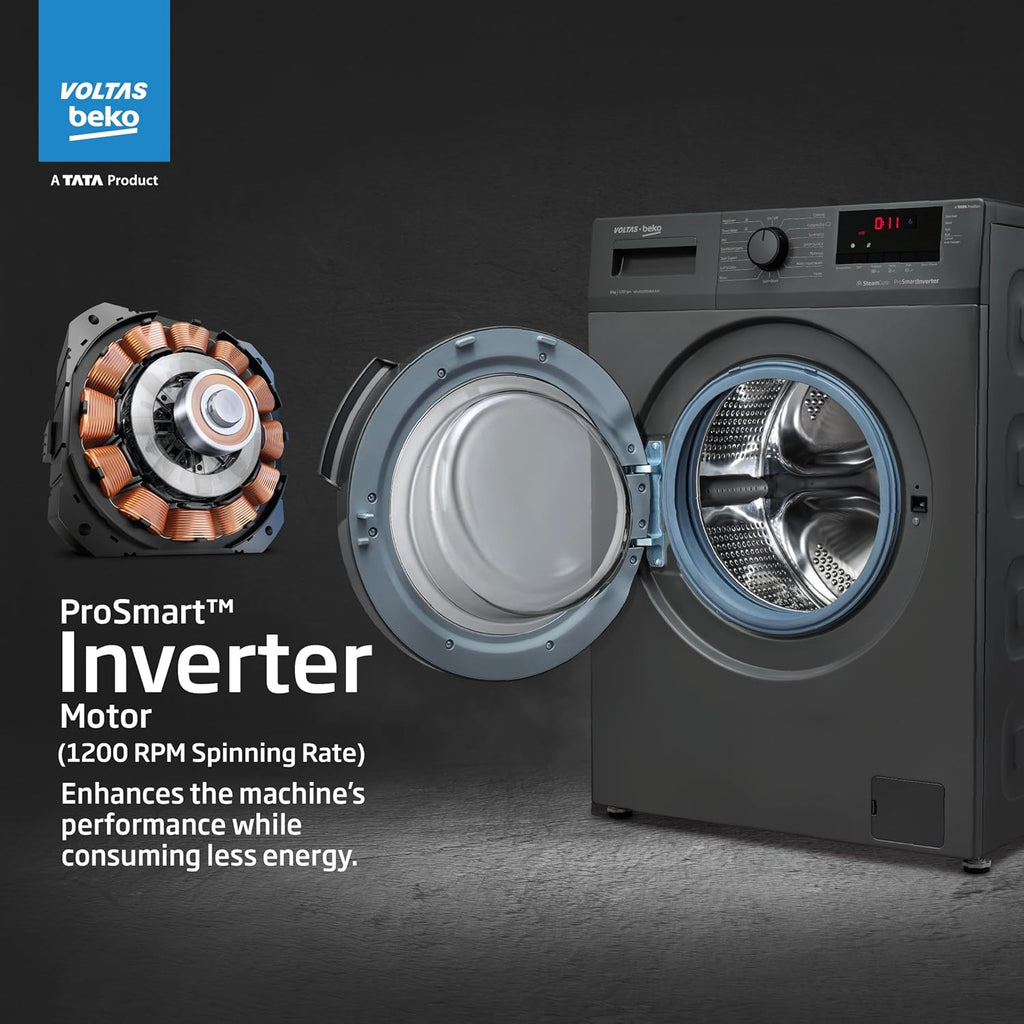 Voltas Beko, A Tata Product 8 Kg 5 Star Inverter Quick wash Fully-Automatic Front Loading Washing Machine (WFL8012B7JVBKA/AXV, Anthracite, In buit Heater/Hygiene steam)