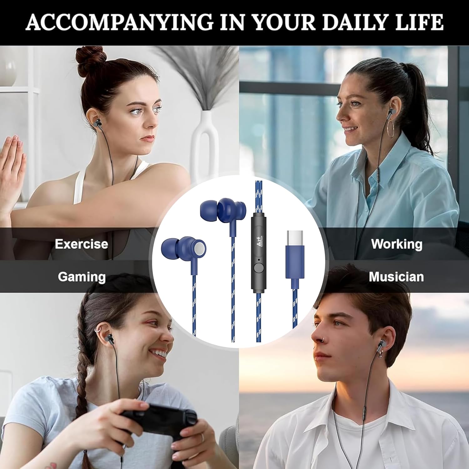 GZT Blast-C in Ear Type C Earphone with Nylon PVC Braided Wire, in-Line Volume Controller & Powerful HD Mic, Clear Sound, Noise Isolation Compatible with Oneplus, Samsung, Oppo, Vivo, Redmi- Blue