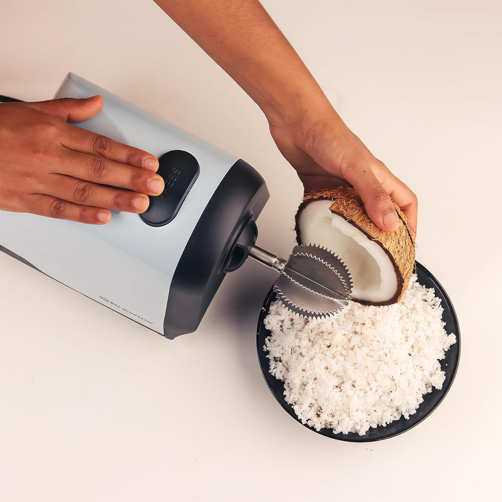 Brewine 2-in-1 Coconut Scraper & Citrus Juicer with Dual Speed Settings, Cooling Fan for Ventilation, Stainless Steel Scraping Blade, Splash Guard, Super Suction Feet for Stability, Blue, 200 Watts